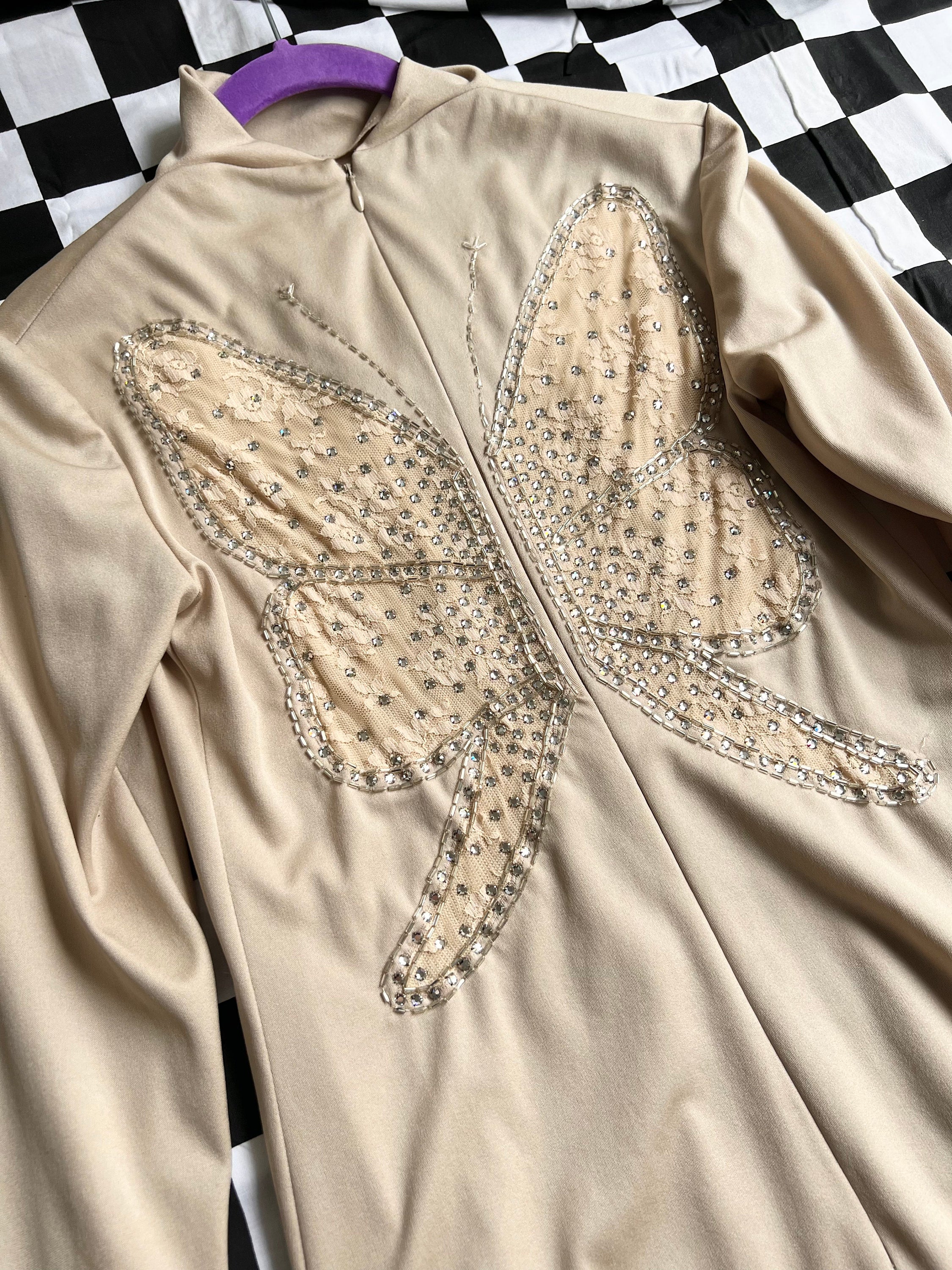 70s Felix Arbeo for Aventura Carrie Couture Tan Taupe Zip Up Butterfly Lace Beaded Sequin Gown Maxi Dress by Aventura Carrie Couture - Image 3