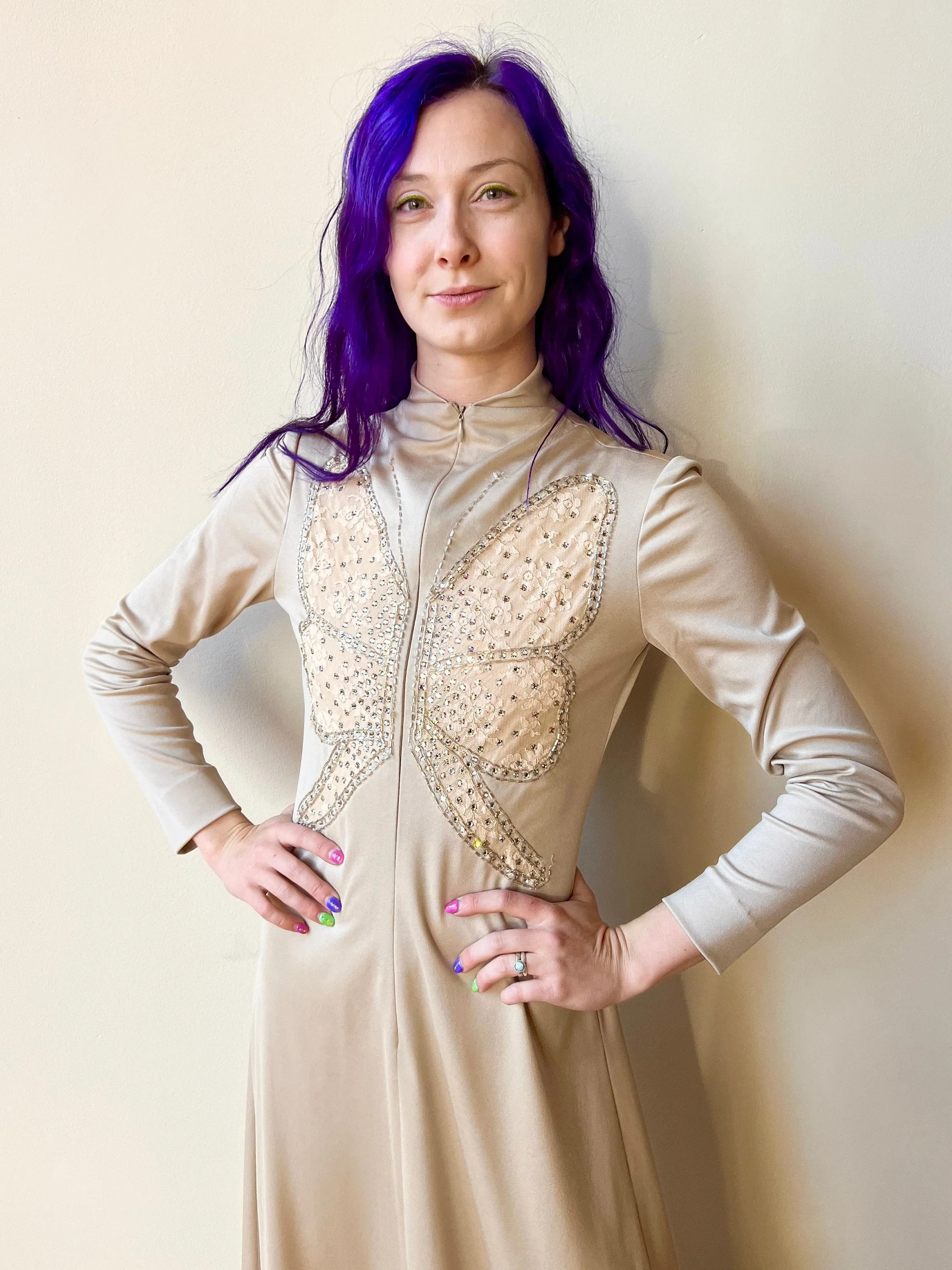 70s Felix Arbeo for Aventura Carrie Couture Tan Taupe Zip Up Butterfly Lace Beaded Sequin Gown Maxi Dress by Aventura Carrie Couture - Image 4