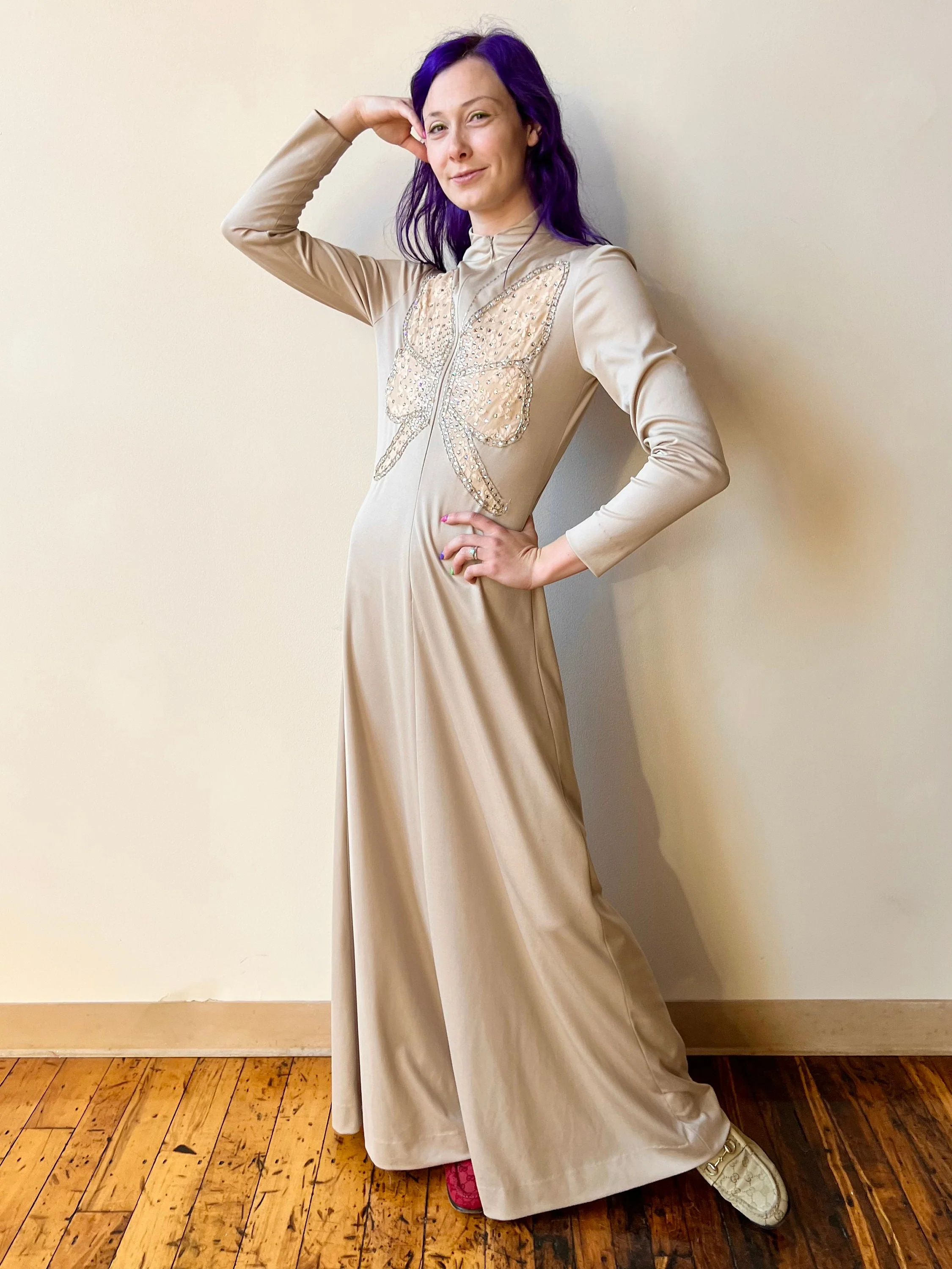 70s Felix Arbeo for Aventura Carrie Couture Tan Taupe Zip Up Butterfly Lace Beaded Sequin Gown Maxi Dress by Aventura Carrie Couture - Image 5