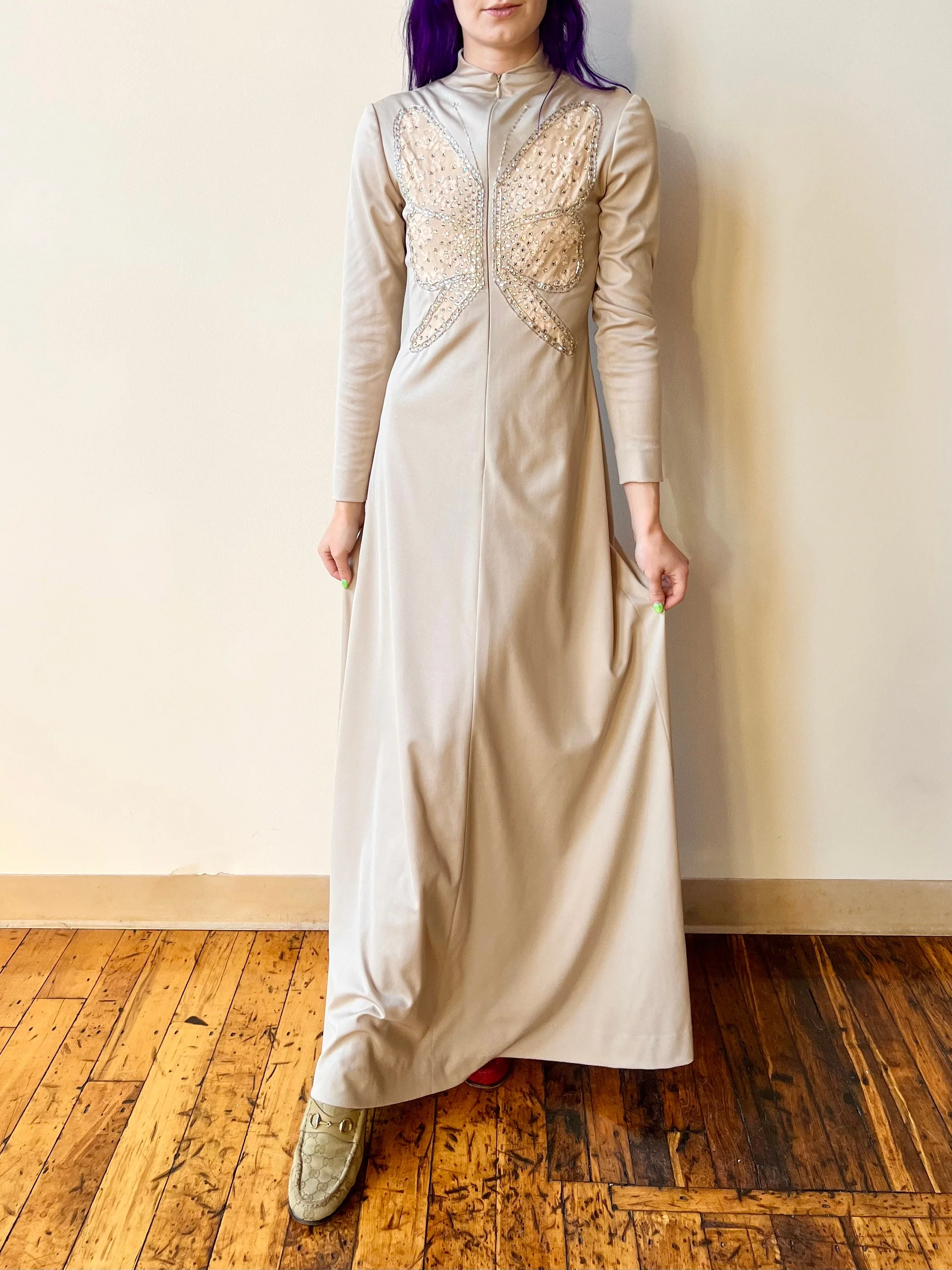 70s Felix Arbeo for Aventura Carrie Couture Tan Taupe Zip Up Butterfly Lace Beaded Sequin Gown Maxi Dress by Aventura Carrie Couture - Image 6
