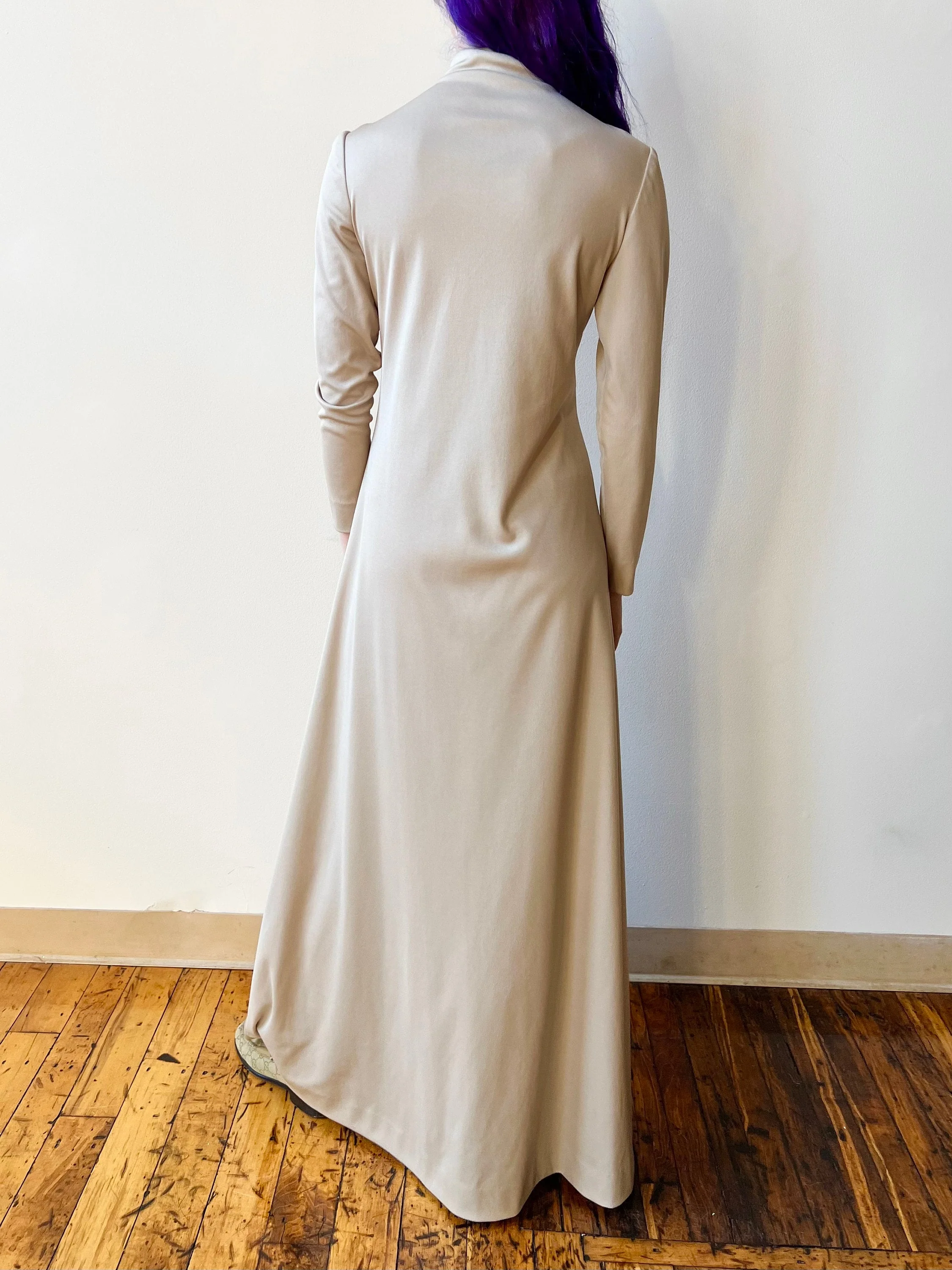 70s Felix Arbeo for Aventura Carrie Couture Tan Taupe Zip Up Butterfly Lace Beaded Sequin Gown Maxi Dress by Aventura Carrie Couture - Image 8
