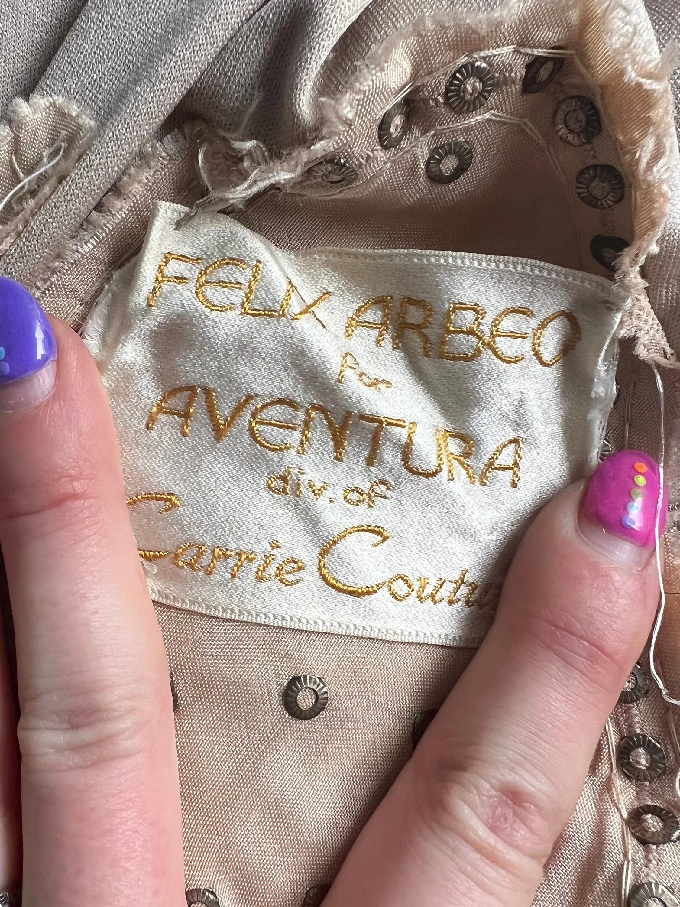 70s Felix Arbeo for Aventura Carrie Couture Tan Taupe Zip Up Butterfly Lace Beaded Sequin Gown Maxi Dress by Aventura Carrie Couture - Image 9