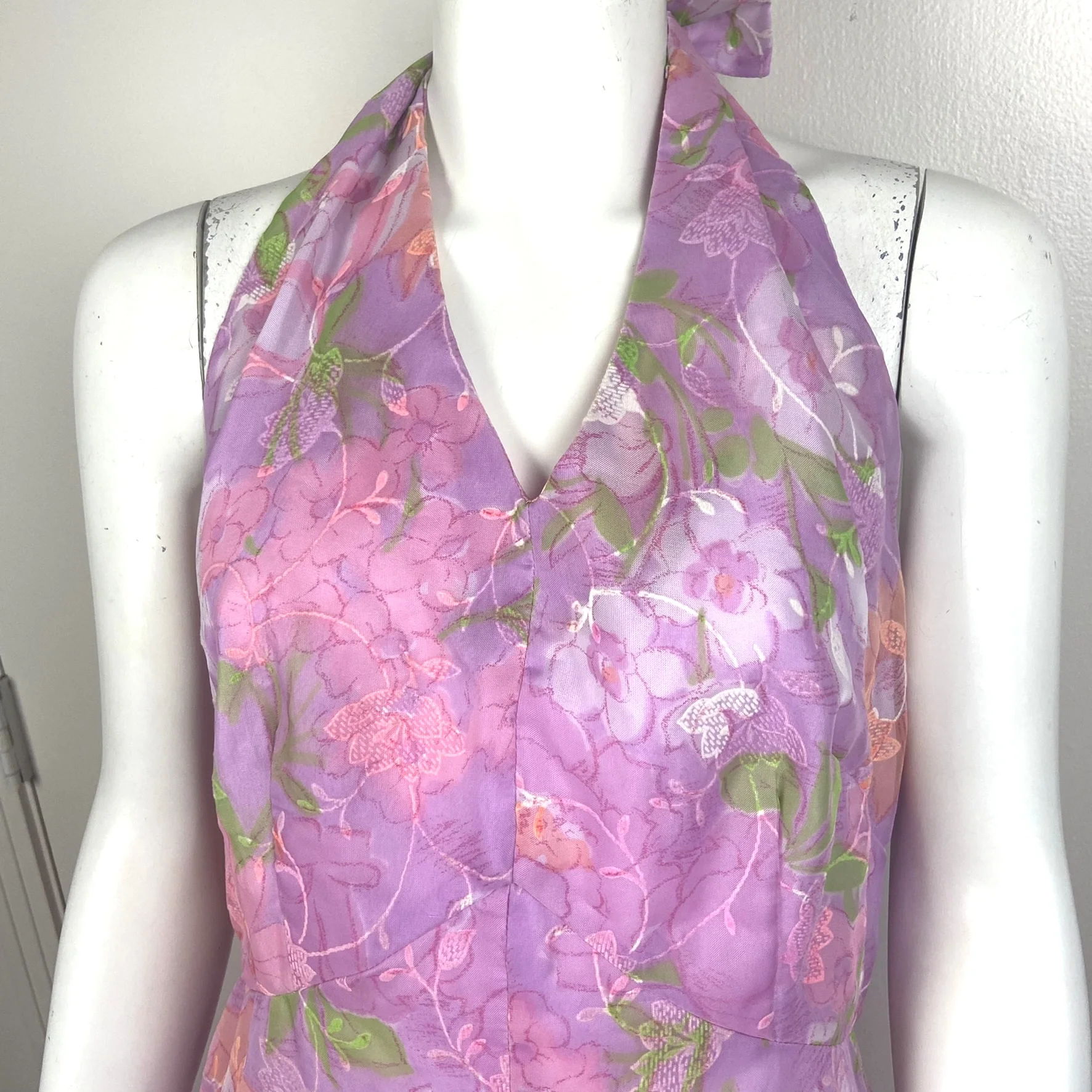 70s Flocked Floral Maxi Halter Dress - Image 3
