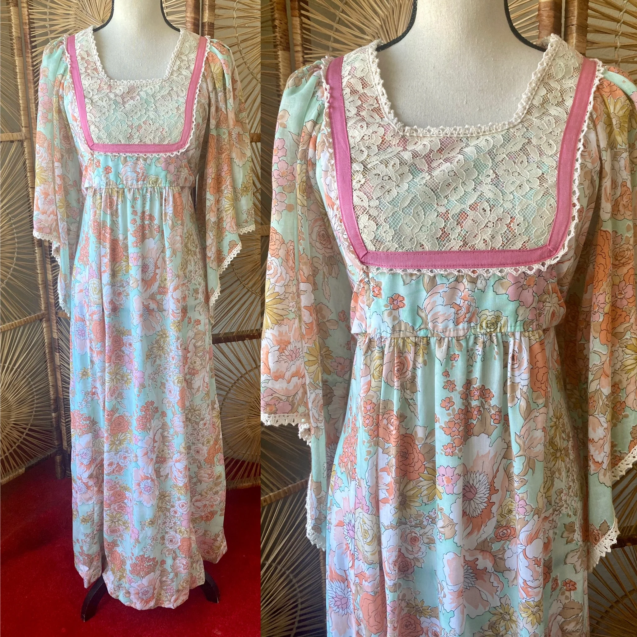 70s Floral Angel Sleeve Prairie Maxi Dress - Image 11