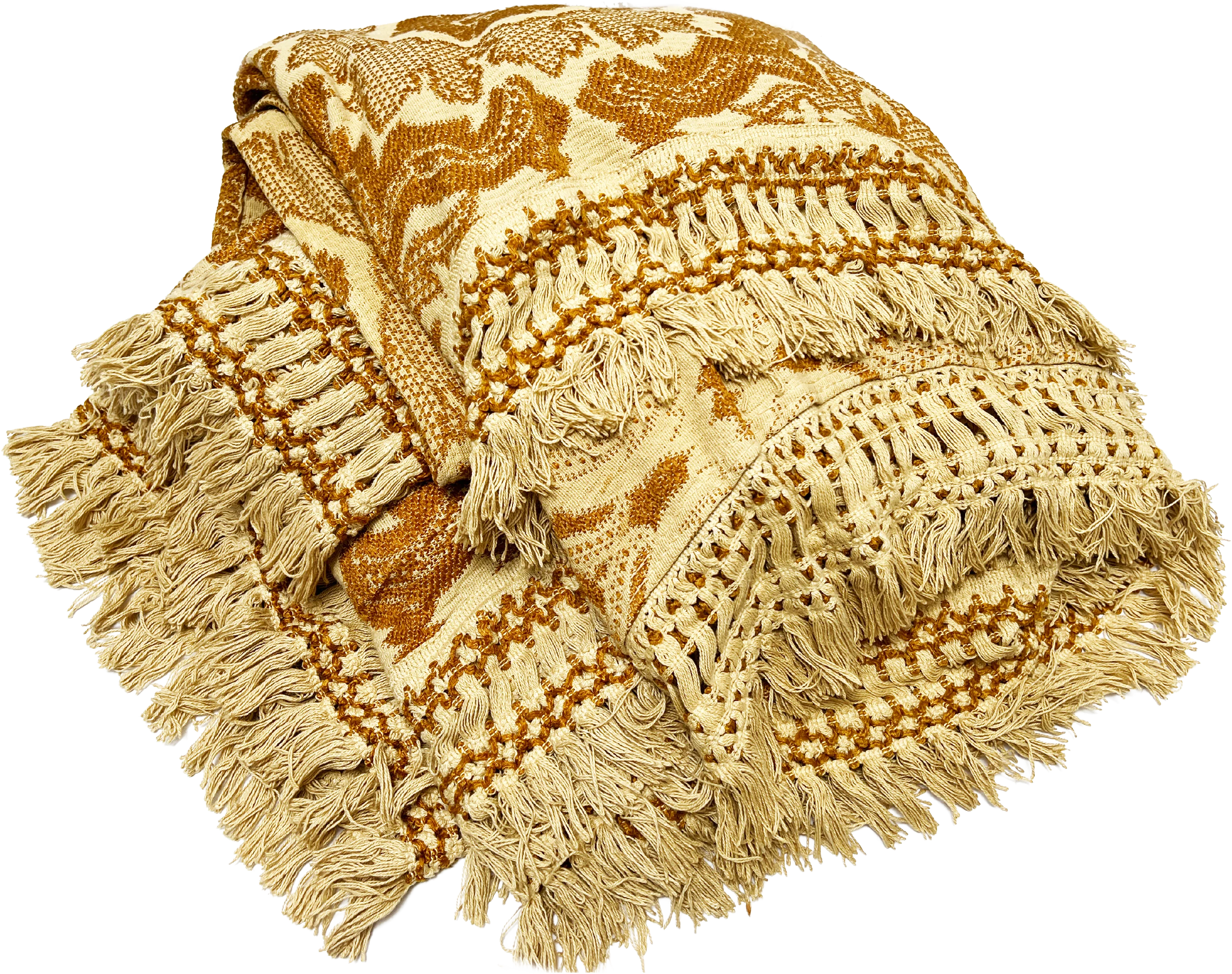 70s Floral Caramel Colored Woven Tapestry Blanket