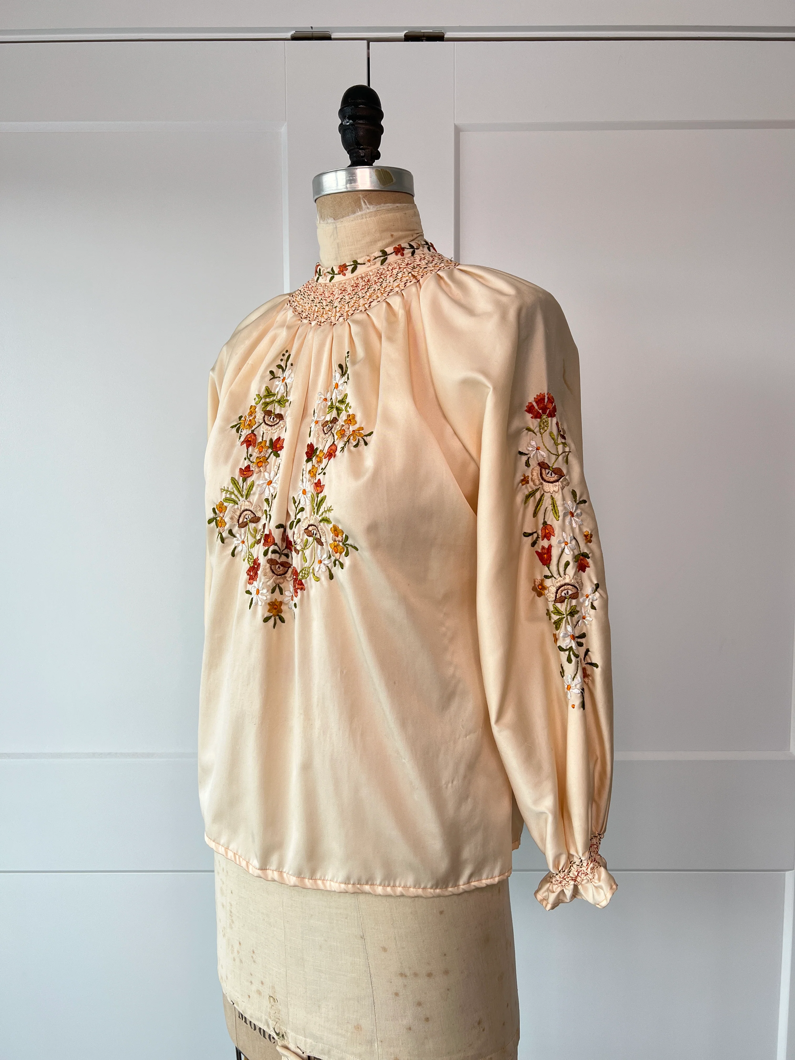 70s Floral Embroidered Mock Neck Blouse - Image 4