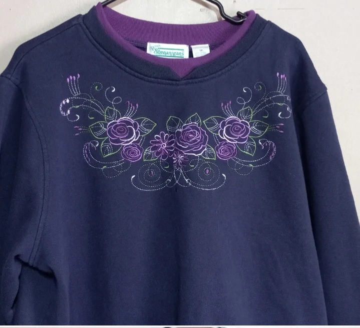 70s Floral Embroidery Navy Cotton Poly Sweatshirt By Extra Shenanigans - Image 3