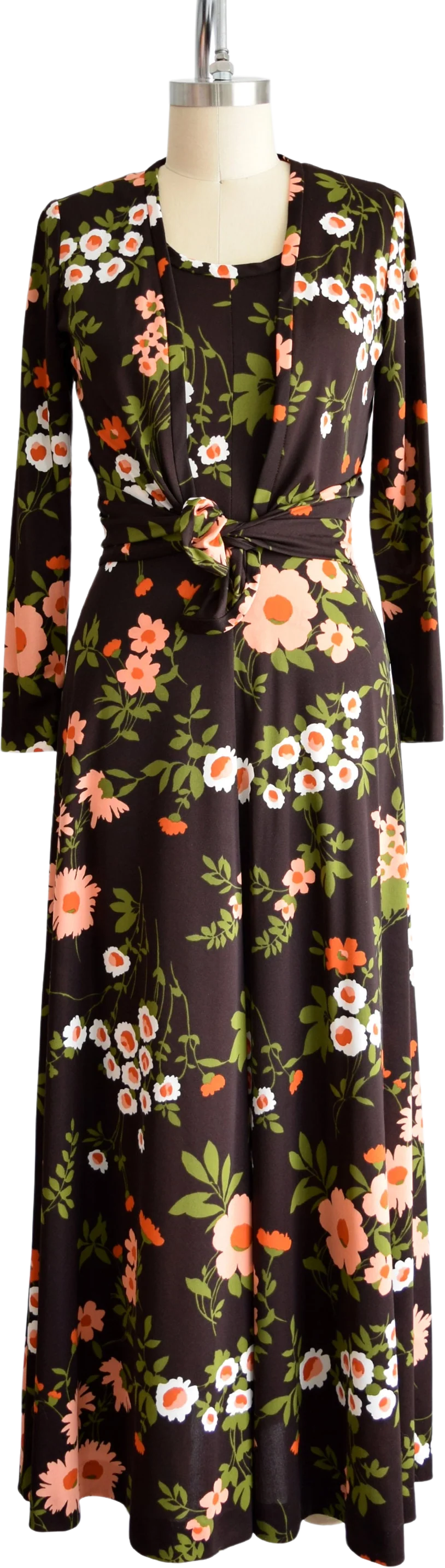 70s Floral Maxi Dress Set Vintage 70s Dress with Jacket Brown and Peach Flower Power Print Dress, Small/medium by Marie Andre