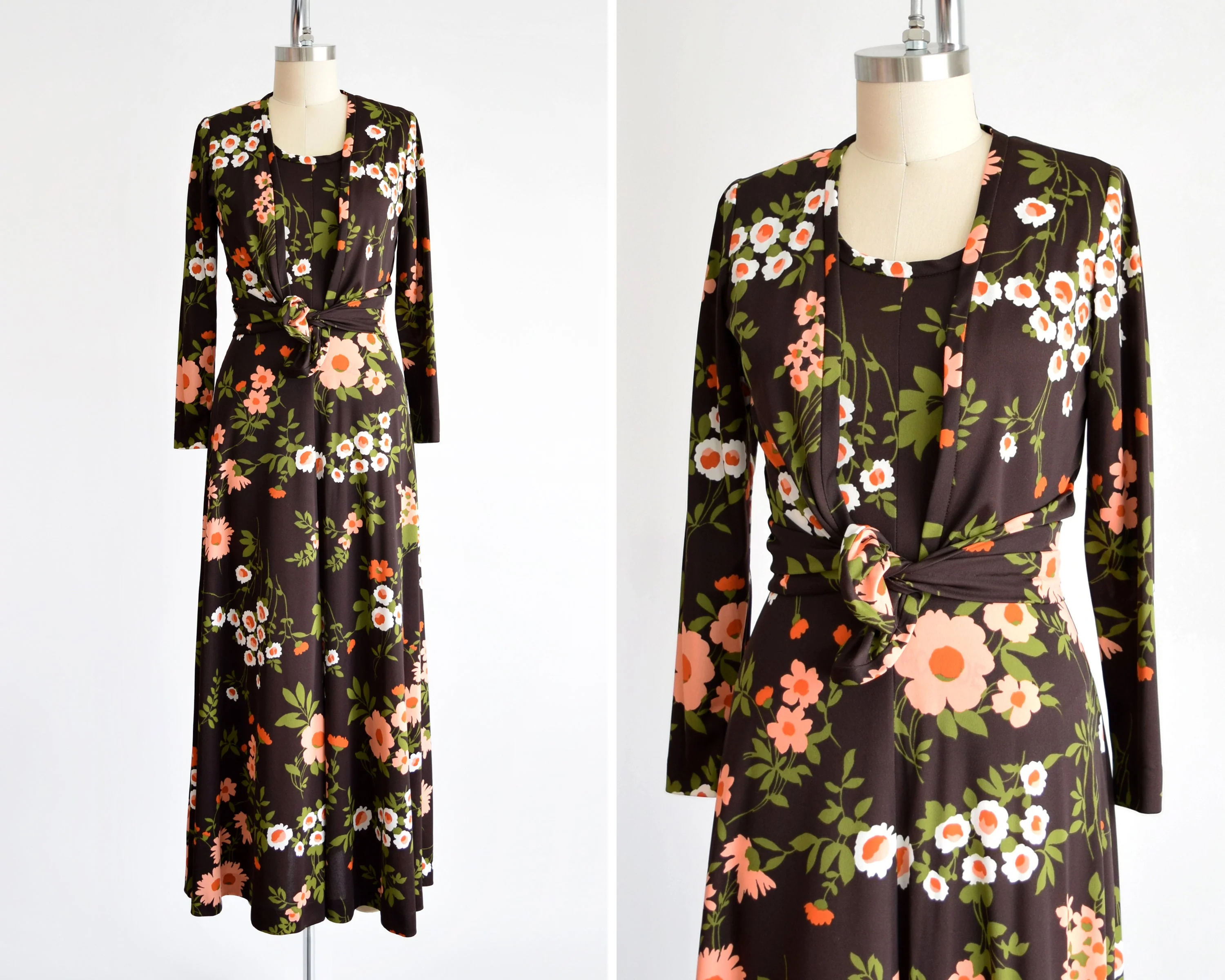 70s Floral Maxi Dress Set Vintage 70s Dress with Jacket Brown and Peach Flower Power Print Dress, Small/medium by Marie Andre - Image 2