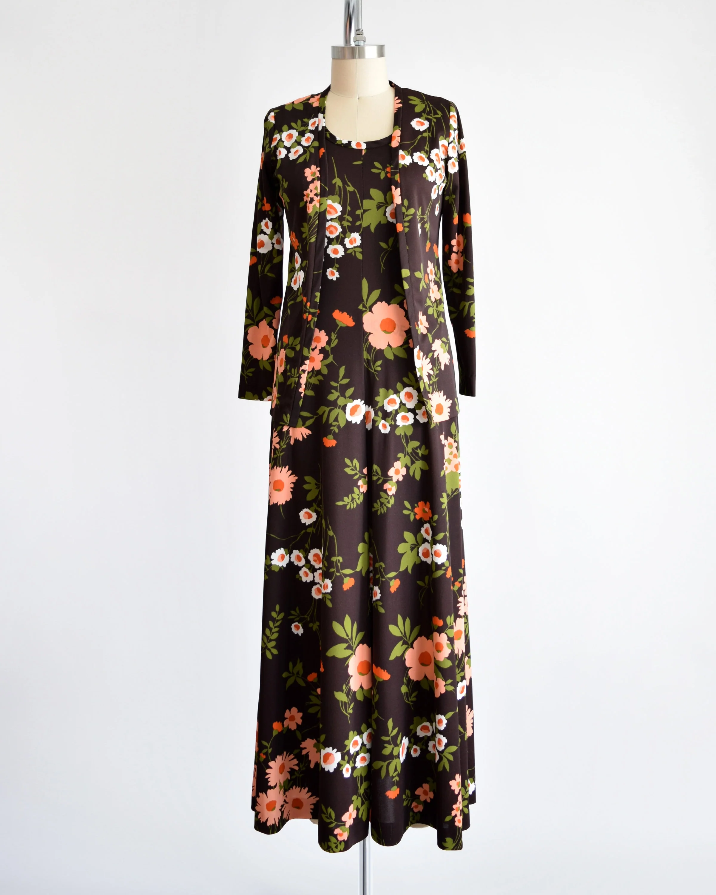 70s Floral Maxi Dress Set Vintage 70s Dress with Jacket Brown and Peach Flower Power Print Dress, Small/medium by Marie Andre - Image 3