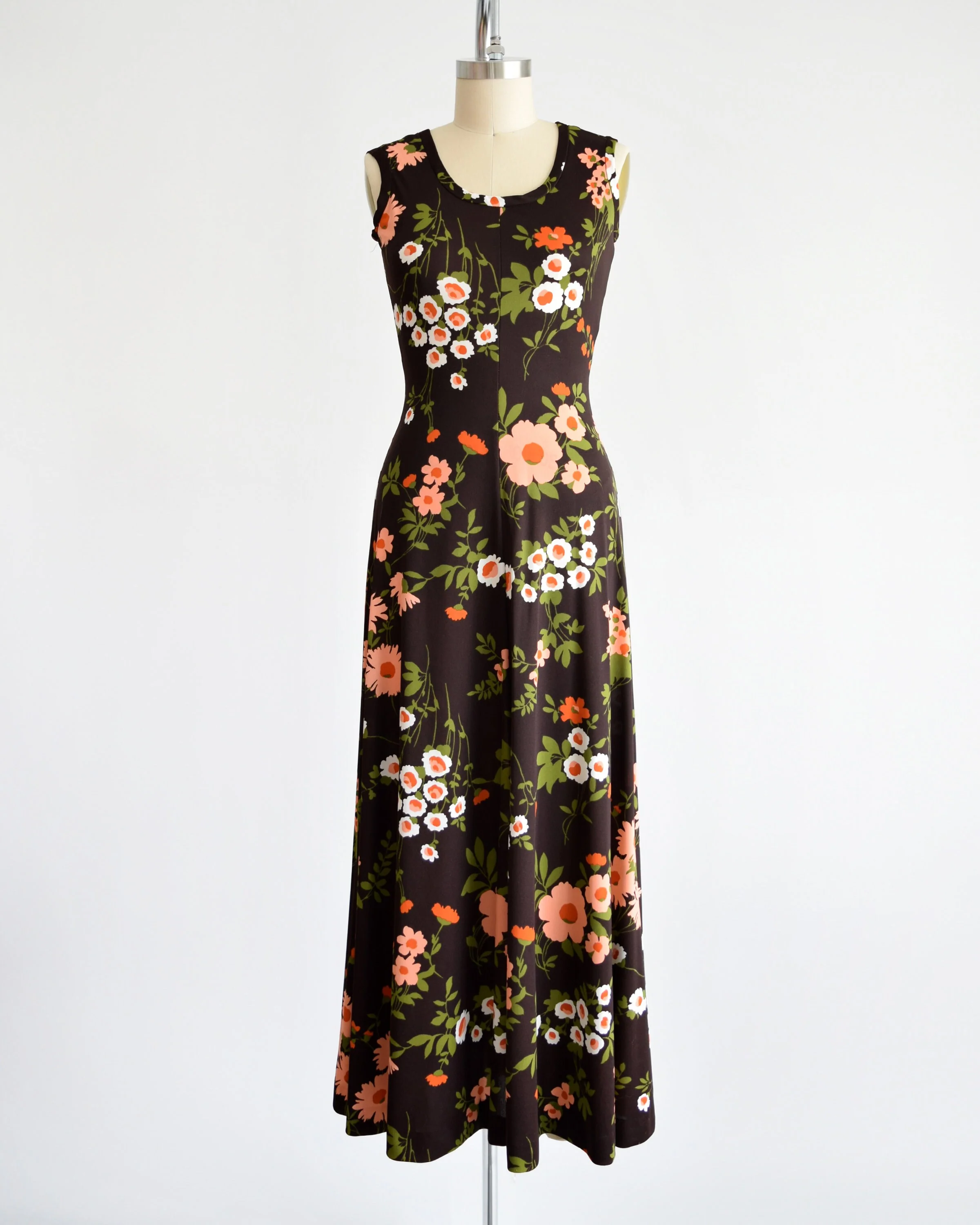 70s Floral Maxi Dress Set Vintage 70s Dress with Jacket Brown and Peach Flower Power Print Dress, Small/medium by Marie Andre - Image 4