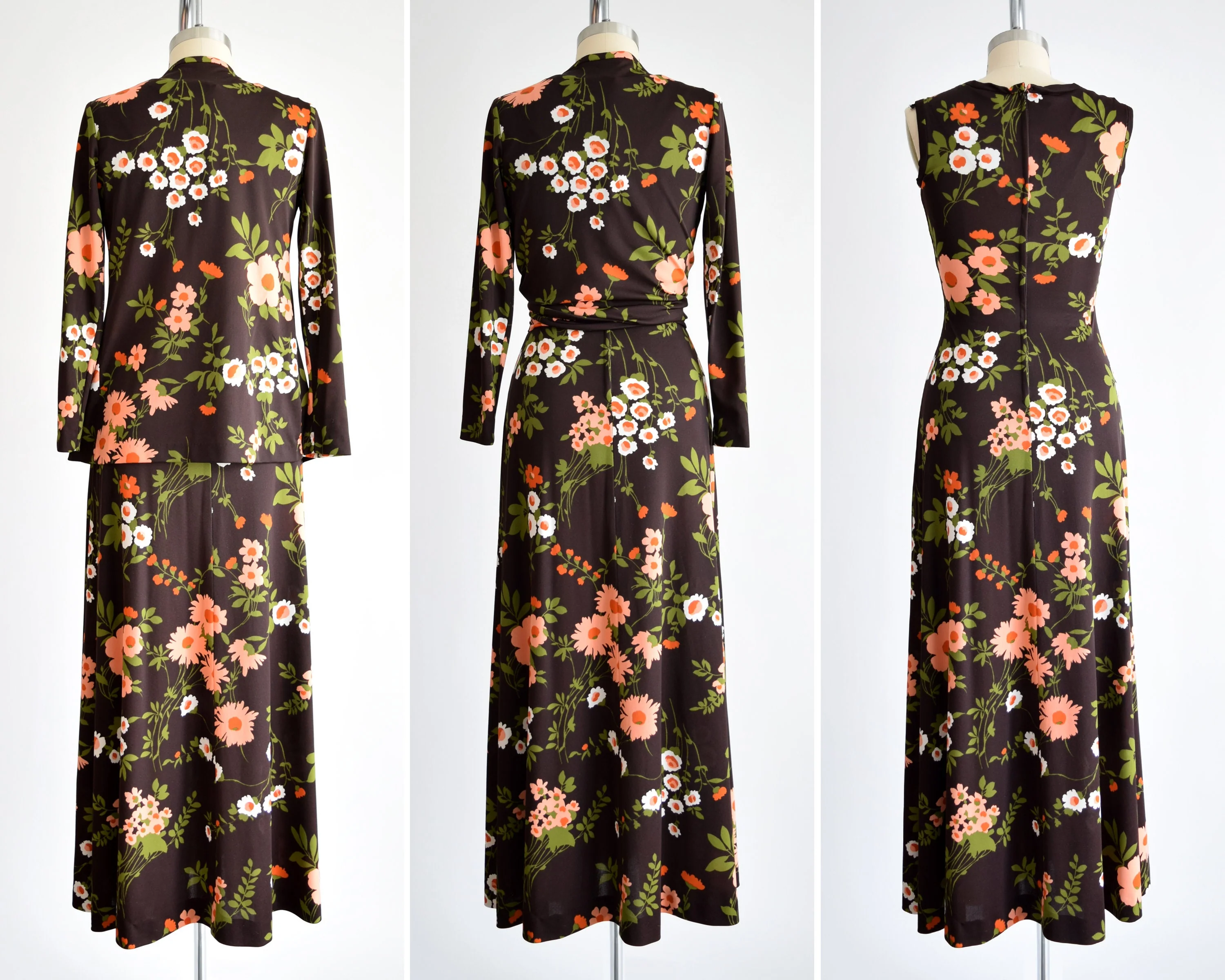 70s Floral Maxi Dress Set Vintage 70s Dress with Jacket Brown and Peach Flower Power Print Dress, Small/medium by Marie Andre - Image 5