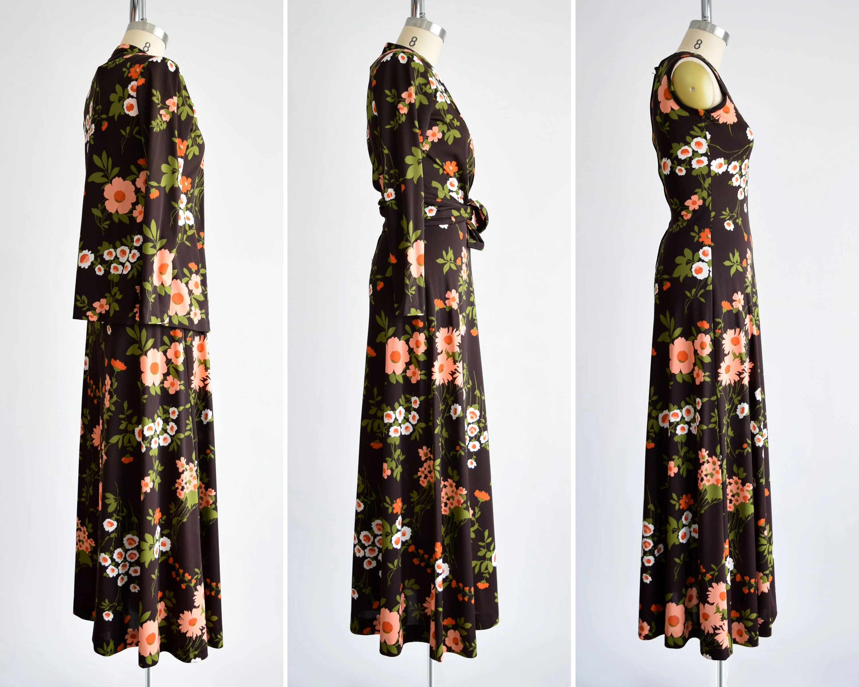 70s Floral Maxi Dress Set Vintage 70s Dress with Jacket Brown and Peach Flower Power Print Dress, Small/medium by Marie Andre - Image 6