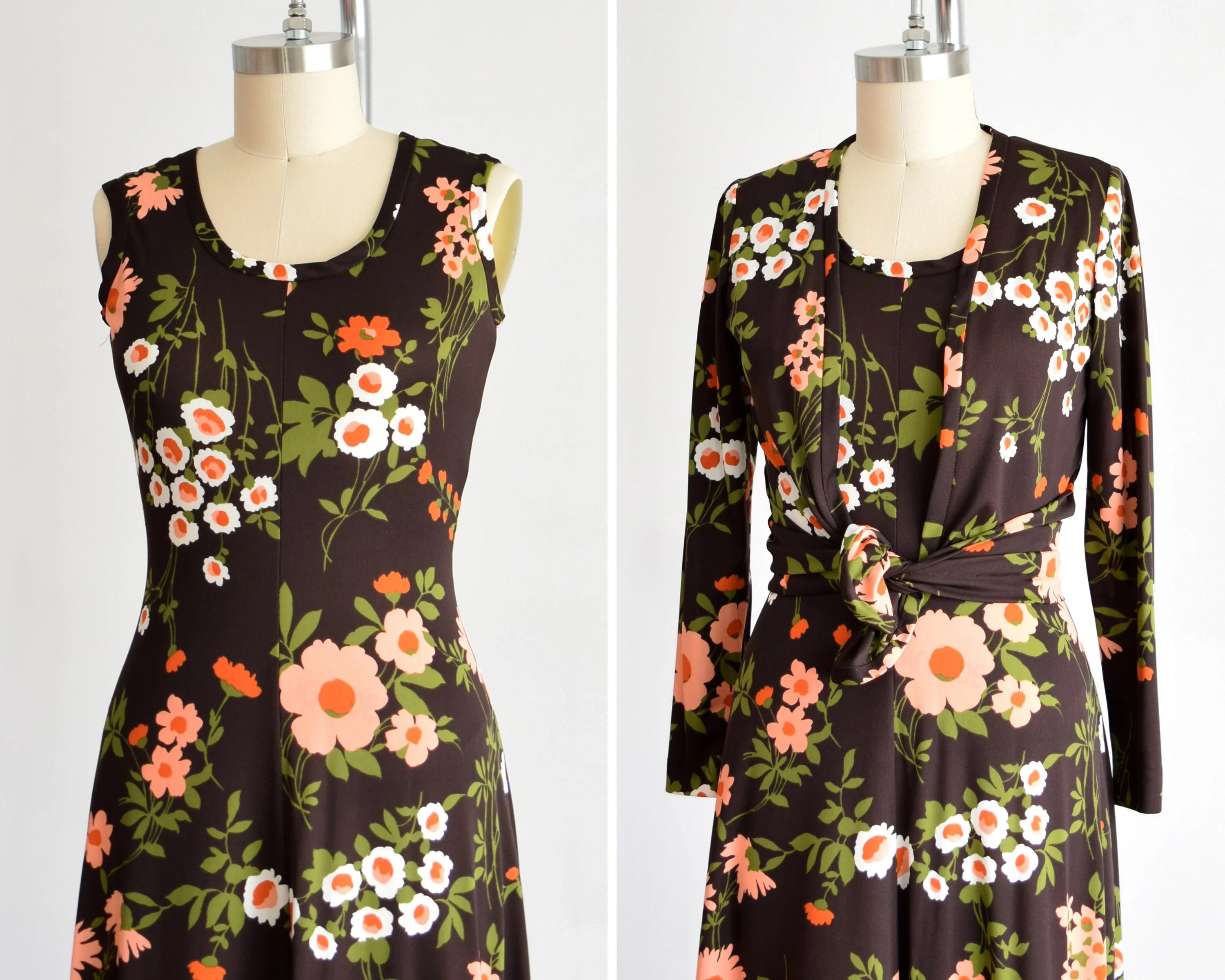 70s Floral Maxi Dress Set Vintage 70s Dress with Jacket Brown and Peach Flower Power Print Dress, Small/medium by Marie Andre - Image 7