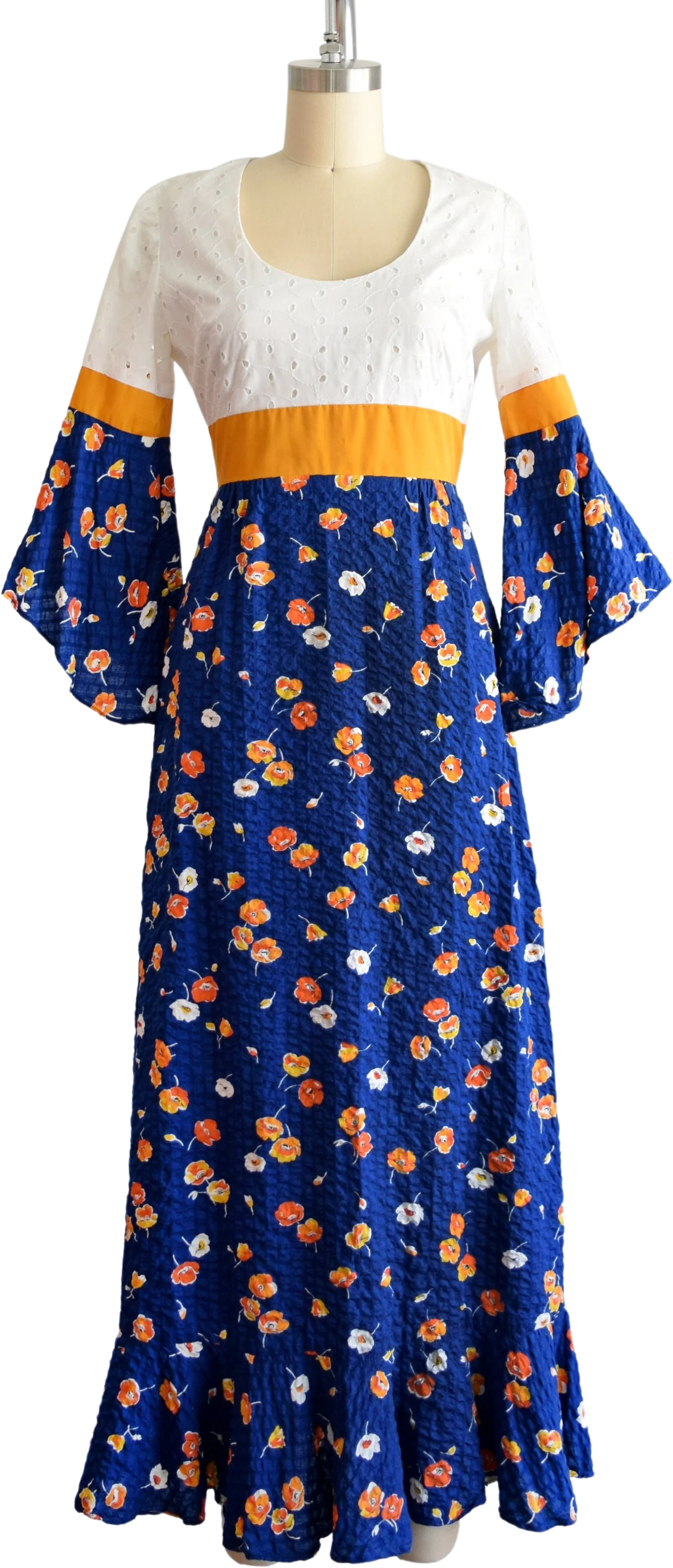 70s Floral Maxi Dress Vintage 70s Dress, White Eyelet Blue and Gold Flower Print Dress with Angel Trumpet Sleeves, Xs/s by Cracker Jax