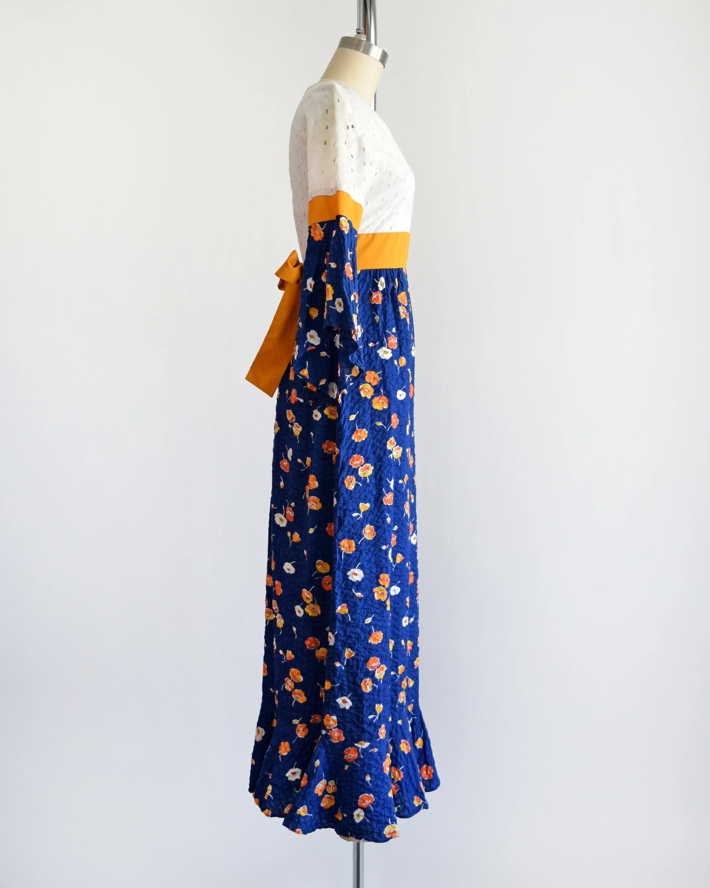 70s Floral Maxi Dress Vintage 70s Dress, White Eyelet Blue and Gold Flower Print Dress with Angel Trumpet Sleeves, Xs/s by Cracker Jax - Image 2