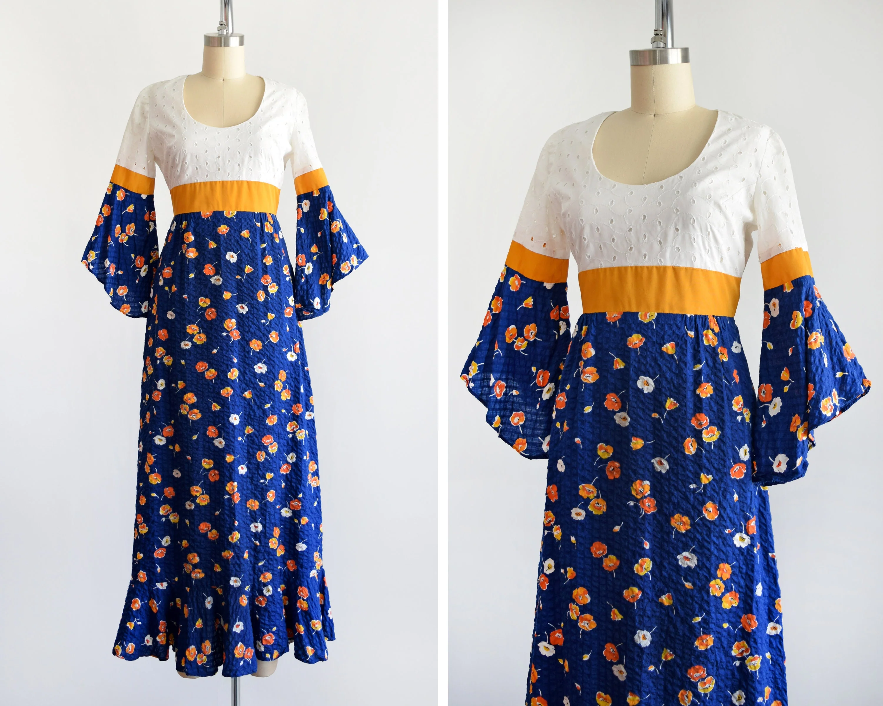70s Floral Maxi Dress Vintage 70s Dress, White Eyelet Blue and Gold Flower Print Dress with Angel Trumpet Sleeves, Xs/s by Cracker Jax - Image 3