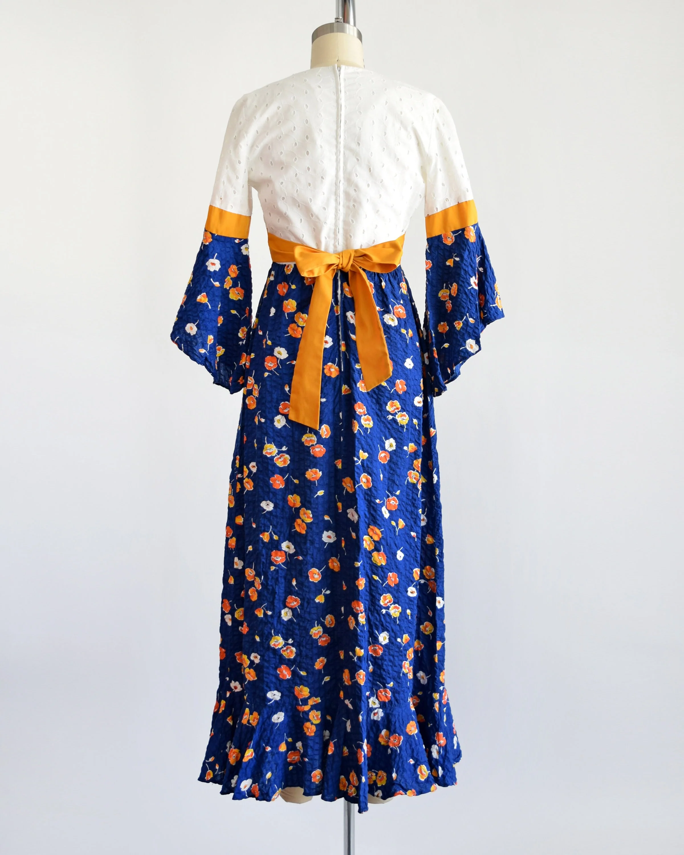 70s Floral Maxi Dress Vintage 70s Dress, White Eyelet Blue and Gold Flower Print Dress with Angel Trumpet Sleeves, Xs/s by Cracker Jax - Image 4