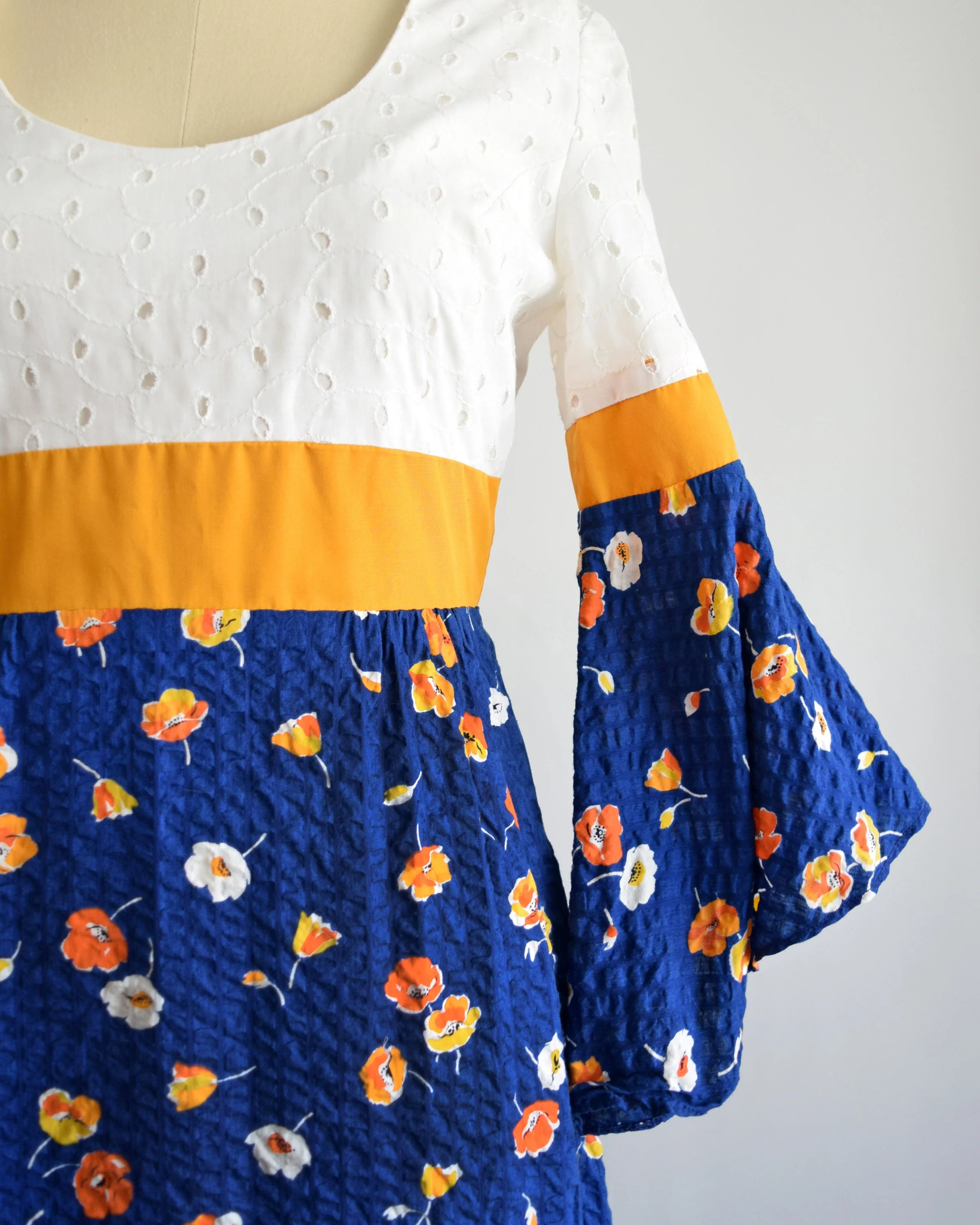 70s Floral Maxi Dress Vintage 70s Dress, White Eyelet Blue and Gold Flower Print Dress with Angel Trumpet Sleeves, Xs/s by Cracker Jax - Image 6
