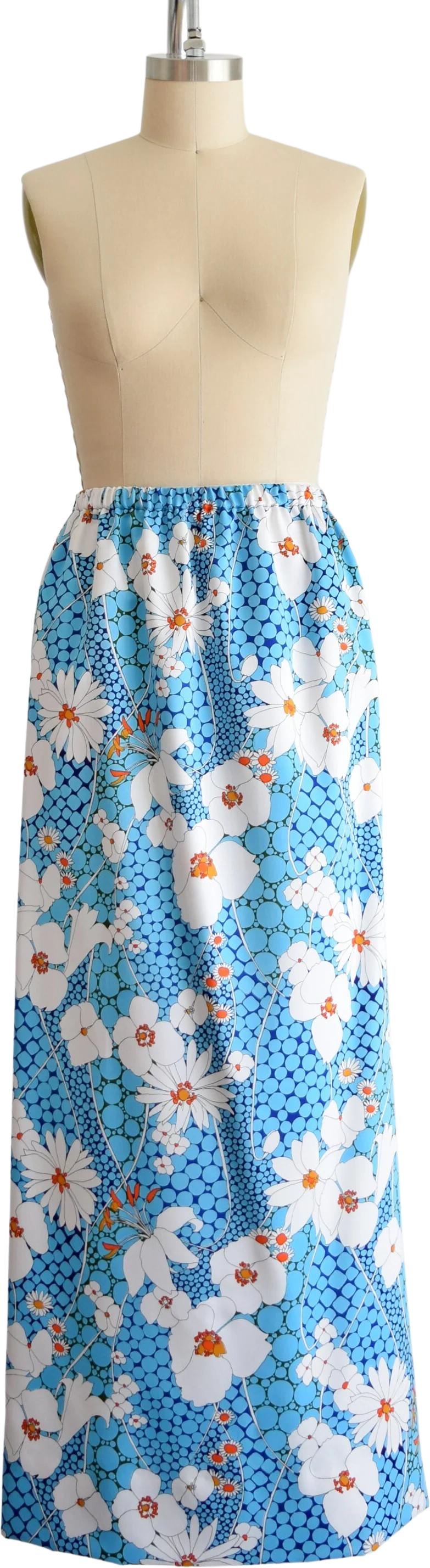 70s Floral Maxi Skirt Vintage 70s Skirt, Blue and White Flower Power Elastic Waist Skirt, Medium Large