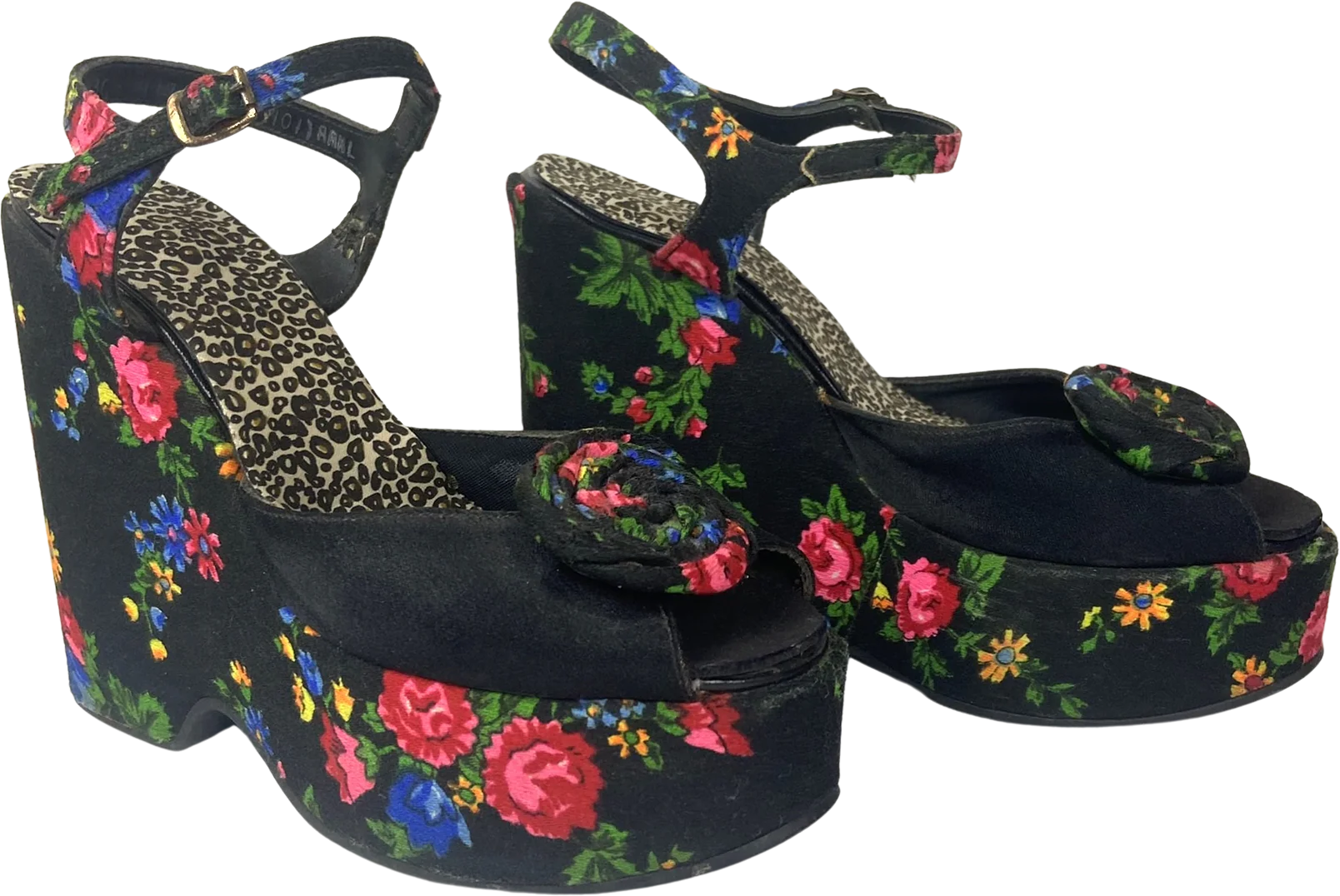 70s Floral Platform Heels Sandals Roses Rosette Wedge