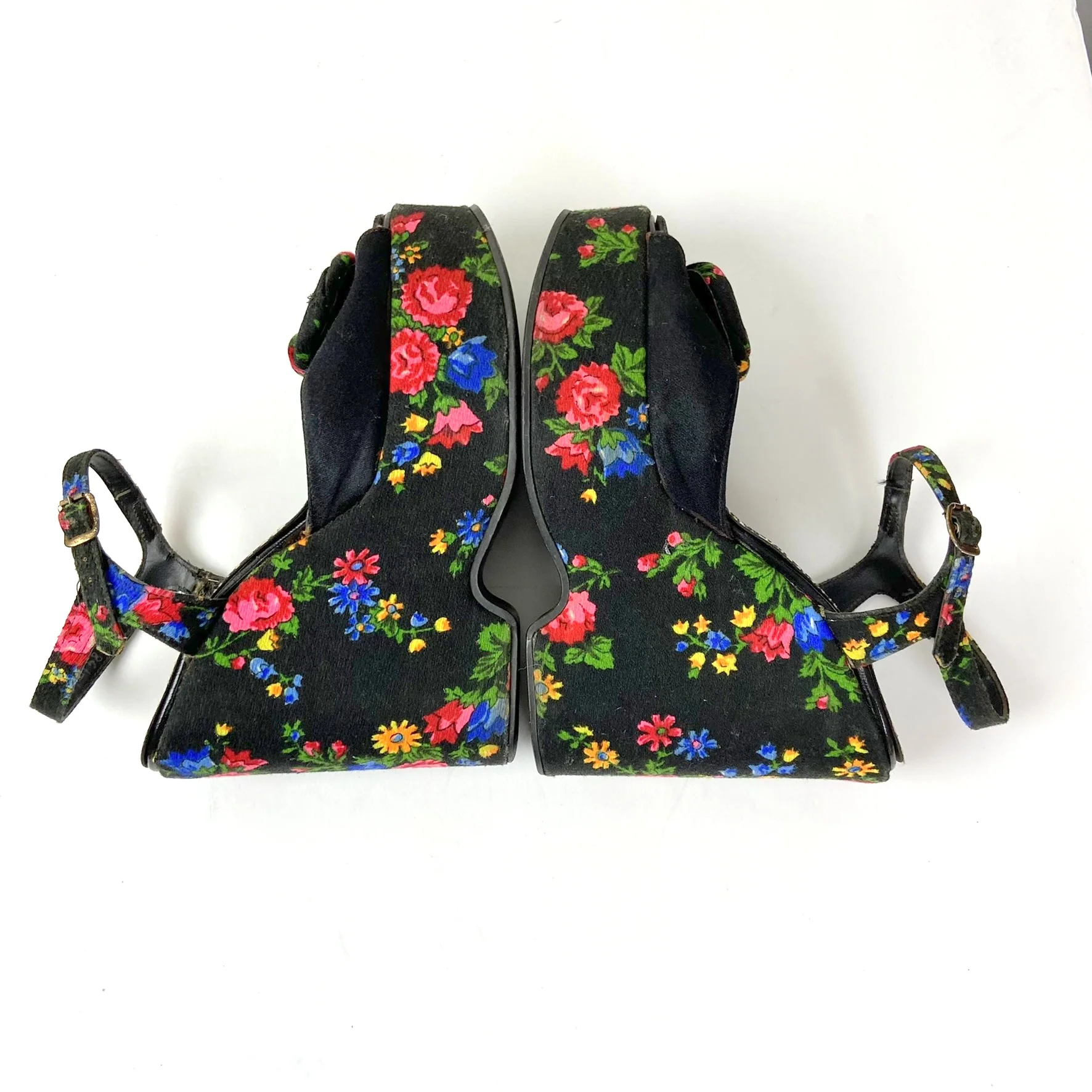 70s Floral Platform Heels Sandals Roses Rosette Wedge - Image 7