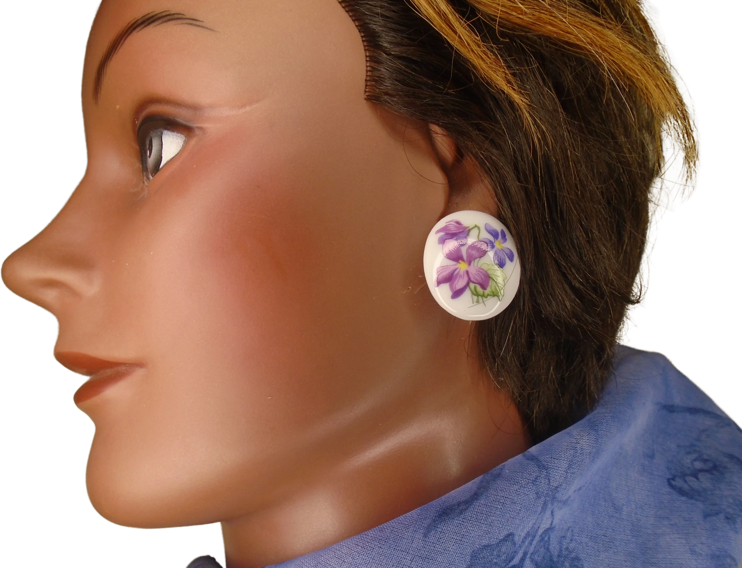 70s Floral Post Back Earrings Decal On Porcelain