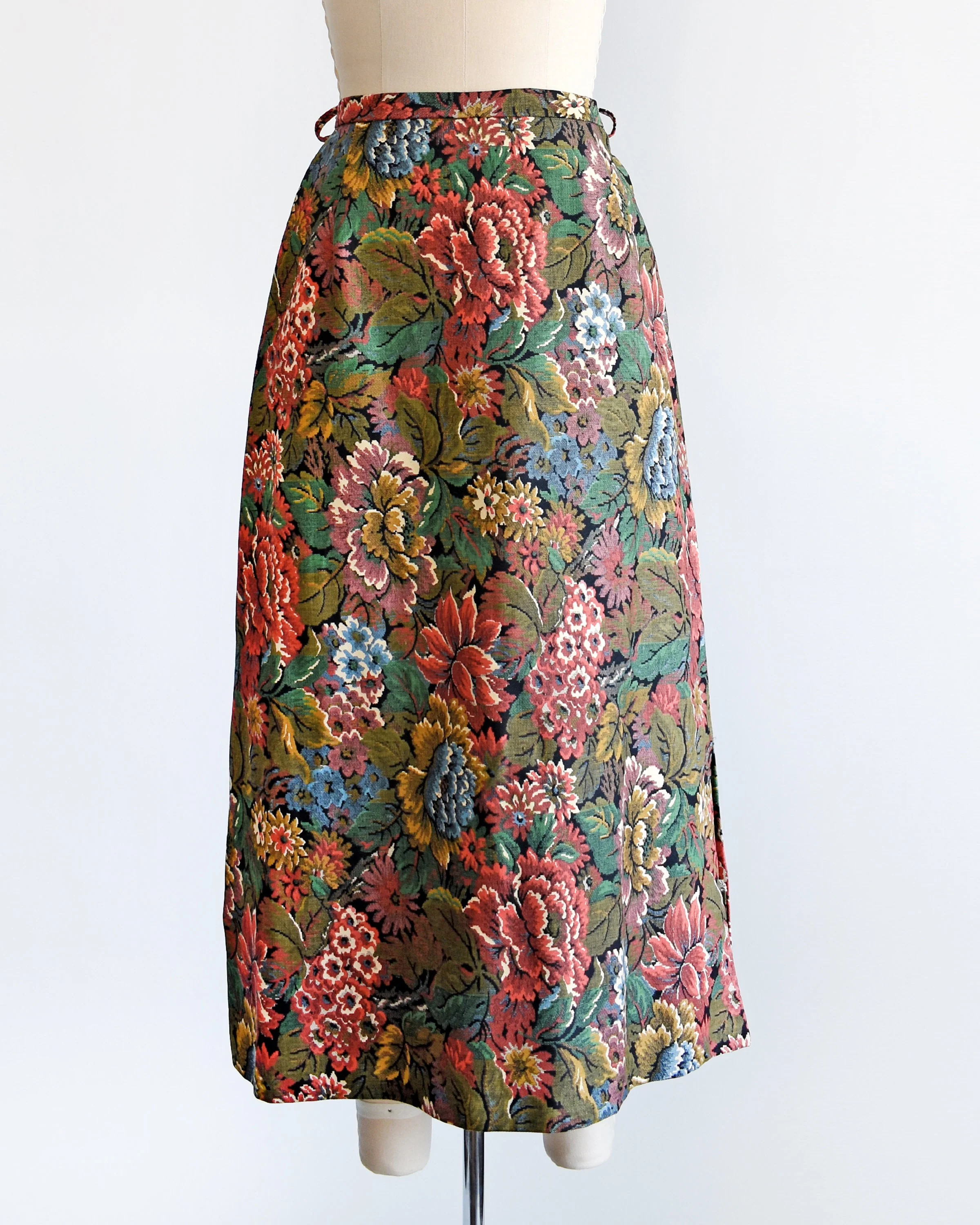 70s Floral Tapestry Skirt Vintage 70s Maxi Skirt, Dark Flower Print Skirt, Small Medium by Prestige of Boston - Image 2
