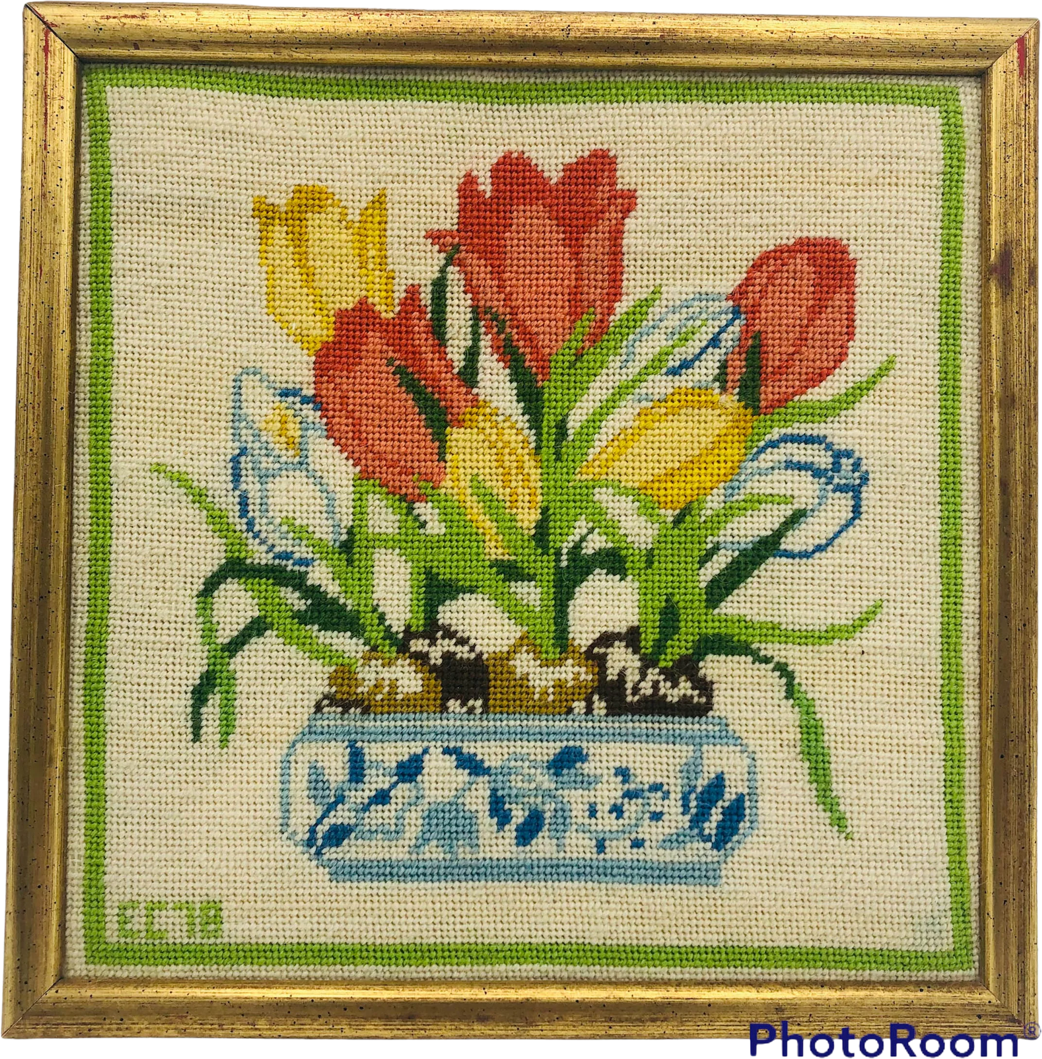 70s Framed Floral Needlepoint Tulips Chinoiserie