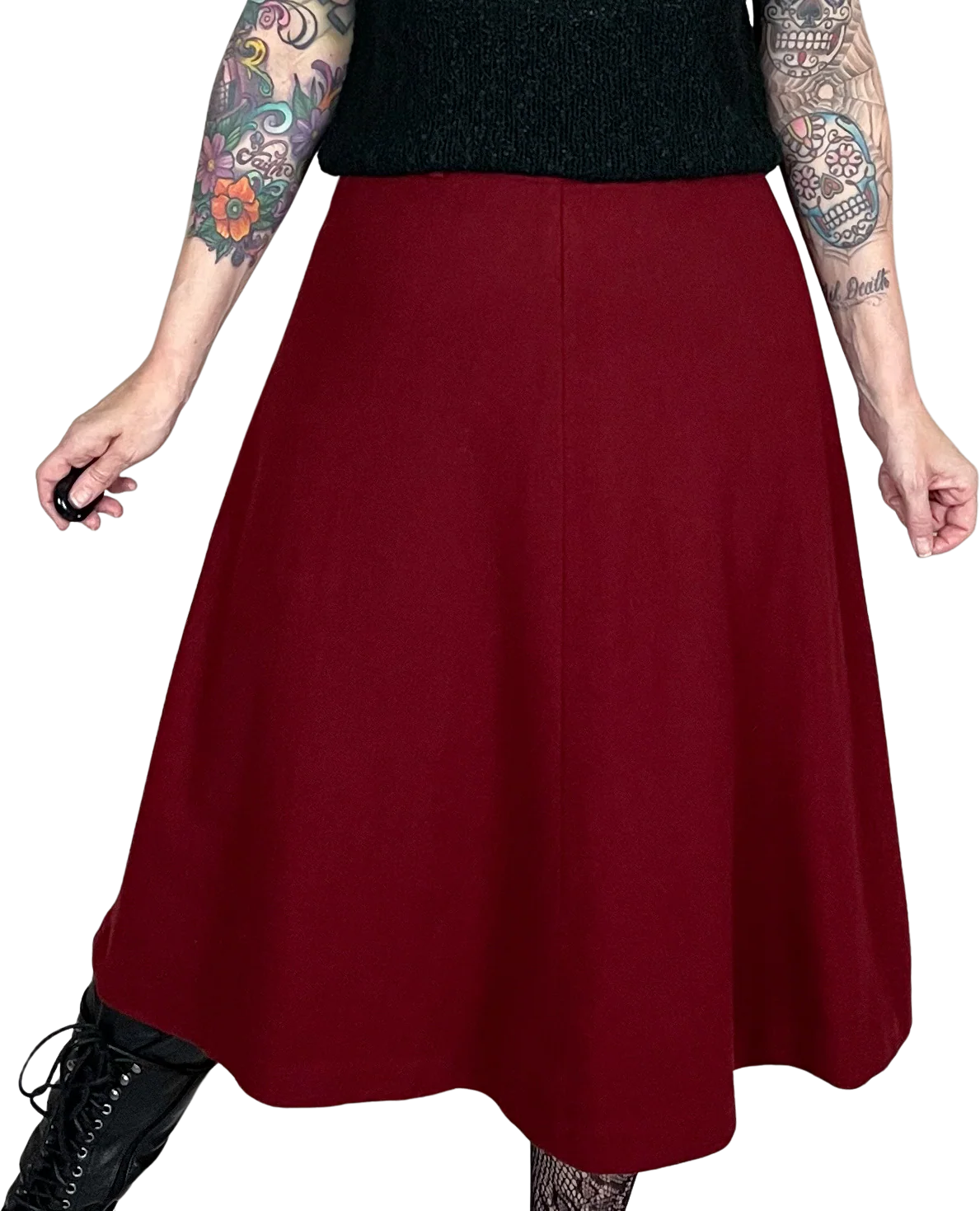 70s Garnet Red Wool Felt A-line Midi Skirt By Summit of Boston