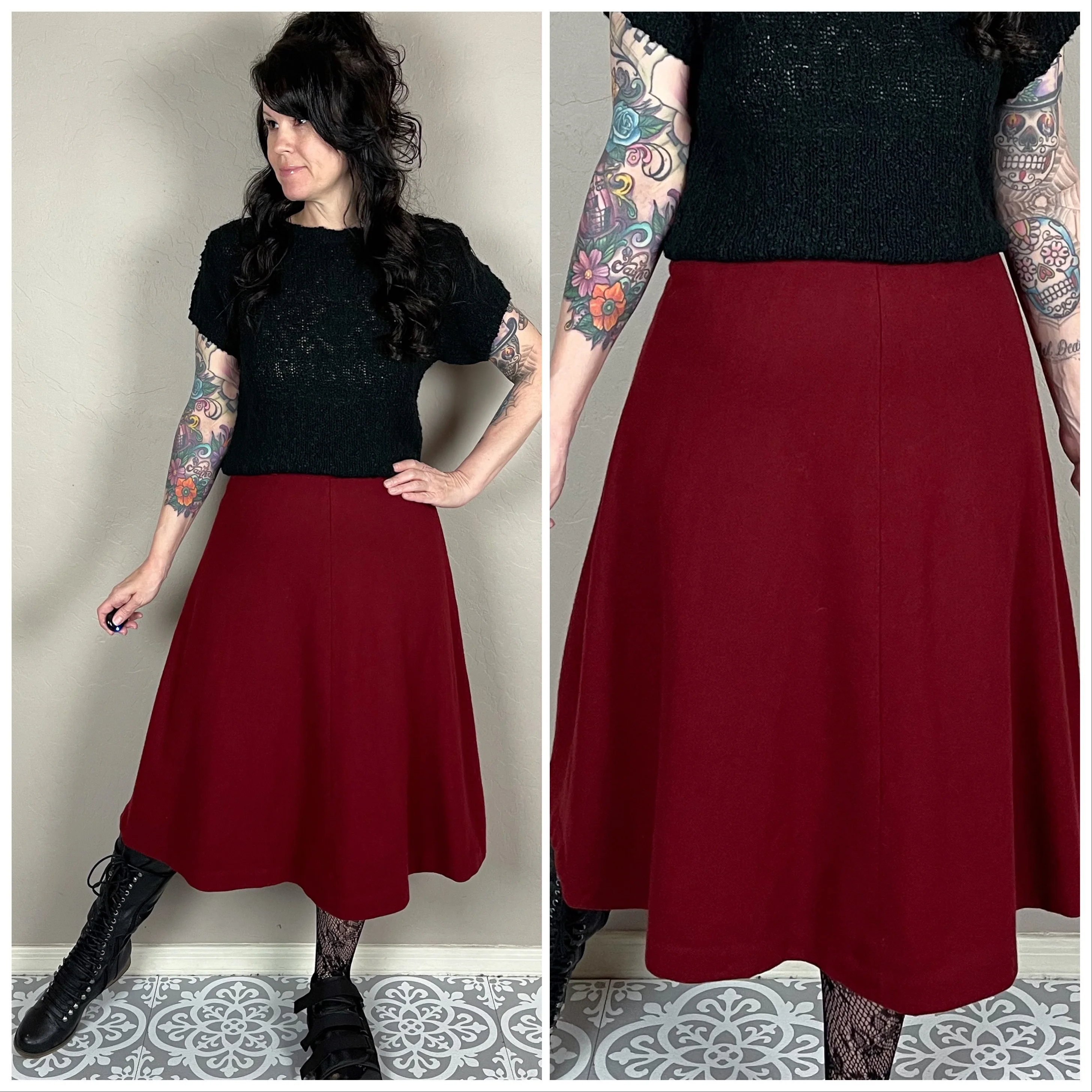 70s Garnet Red Wool Felt A-line Midi Skirt By Summit of Boston - Image 2