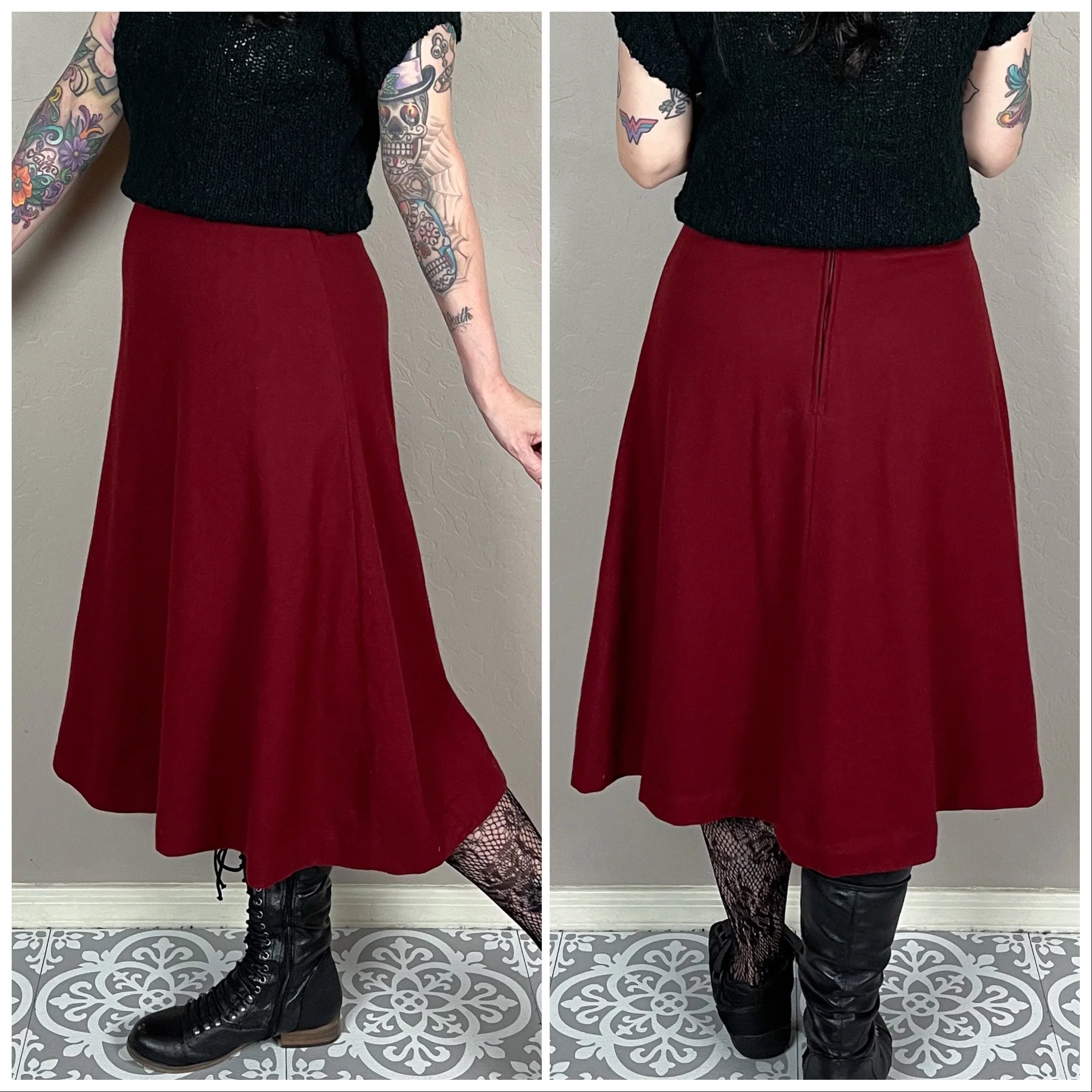 70s Garnet Red Wool Felt A-line Midi Skirt By Summit of Boston - Image 3