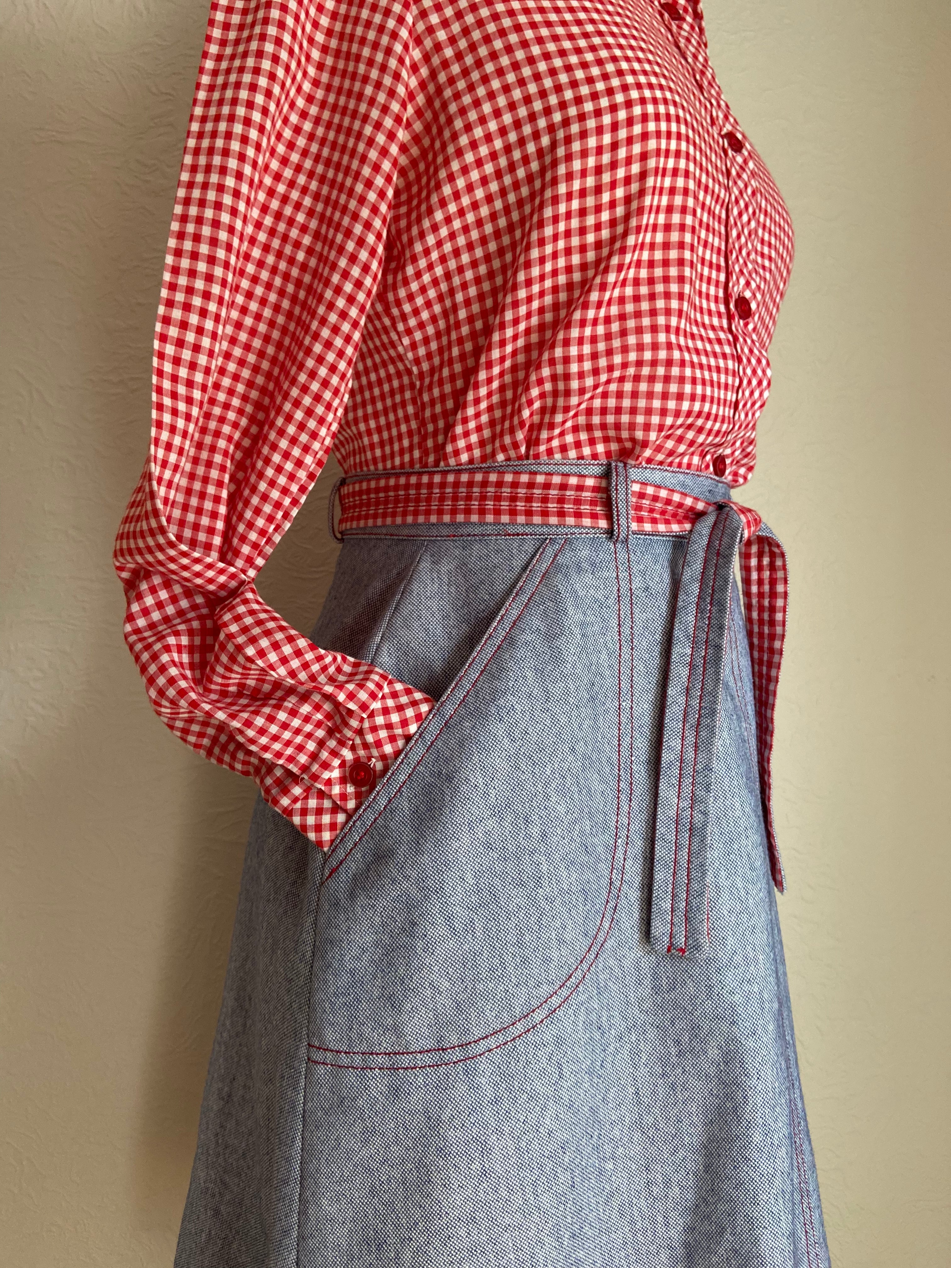 70s Gingham And Chambray Shirt And A-line Skirt Set By Joyce - Image 4