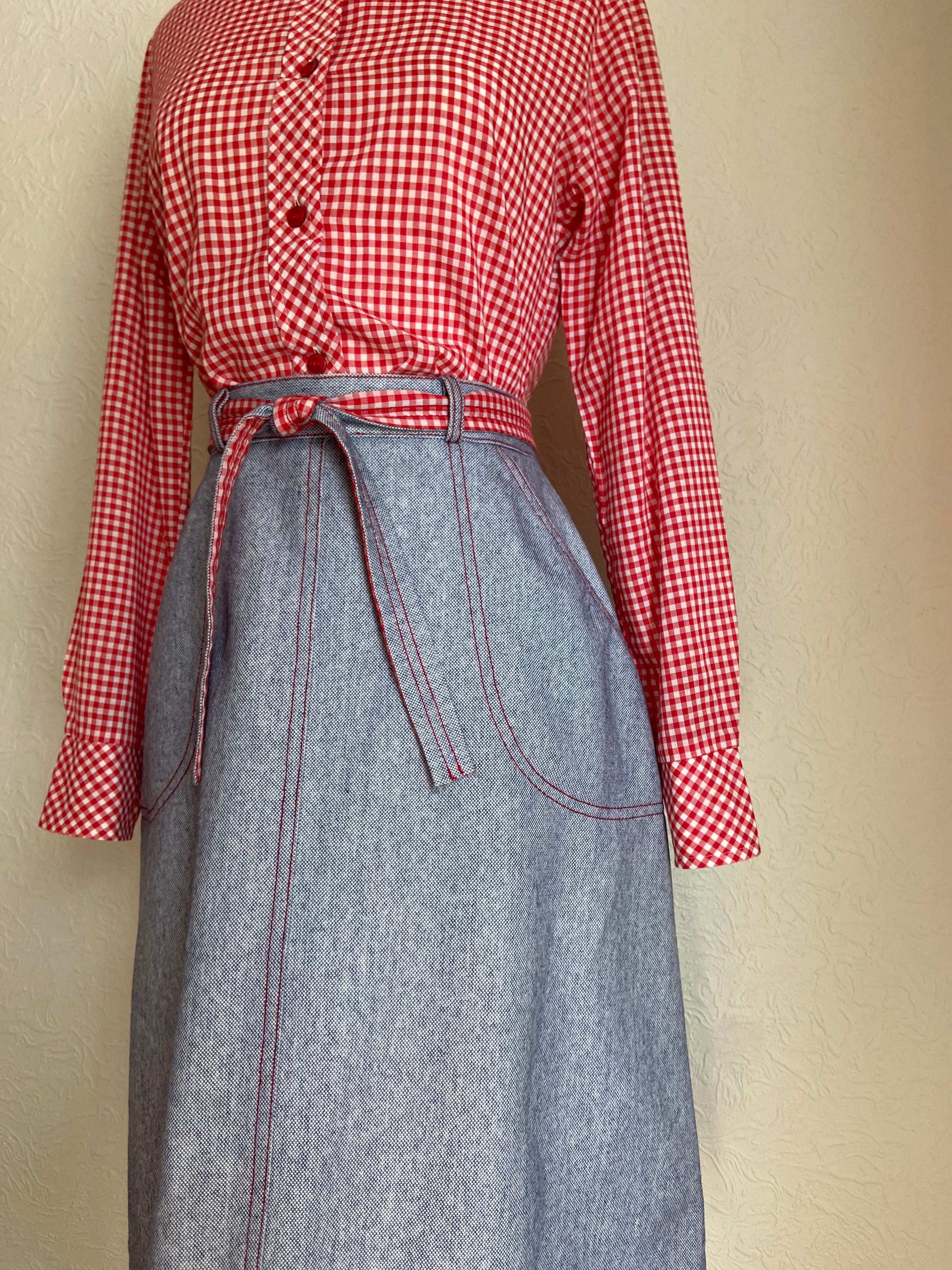 70s Gingham And Chambray Shirt And A-line Skirt Set By Joyce - Image 5