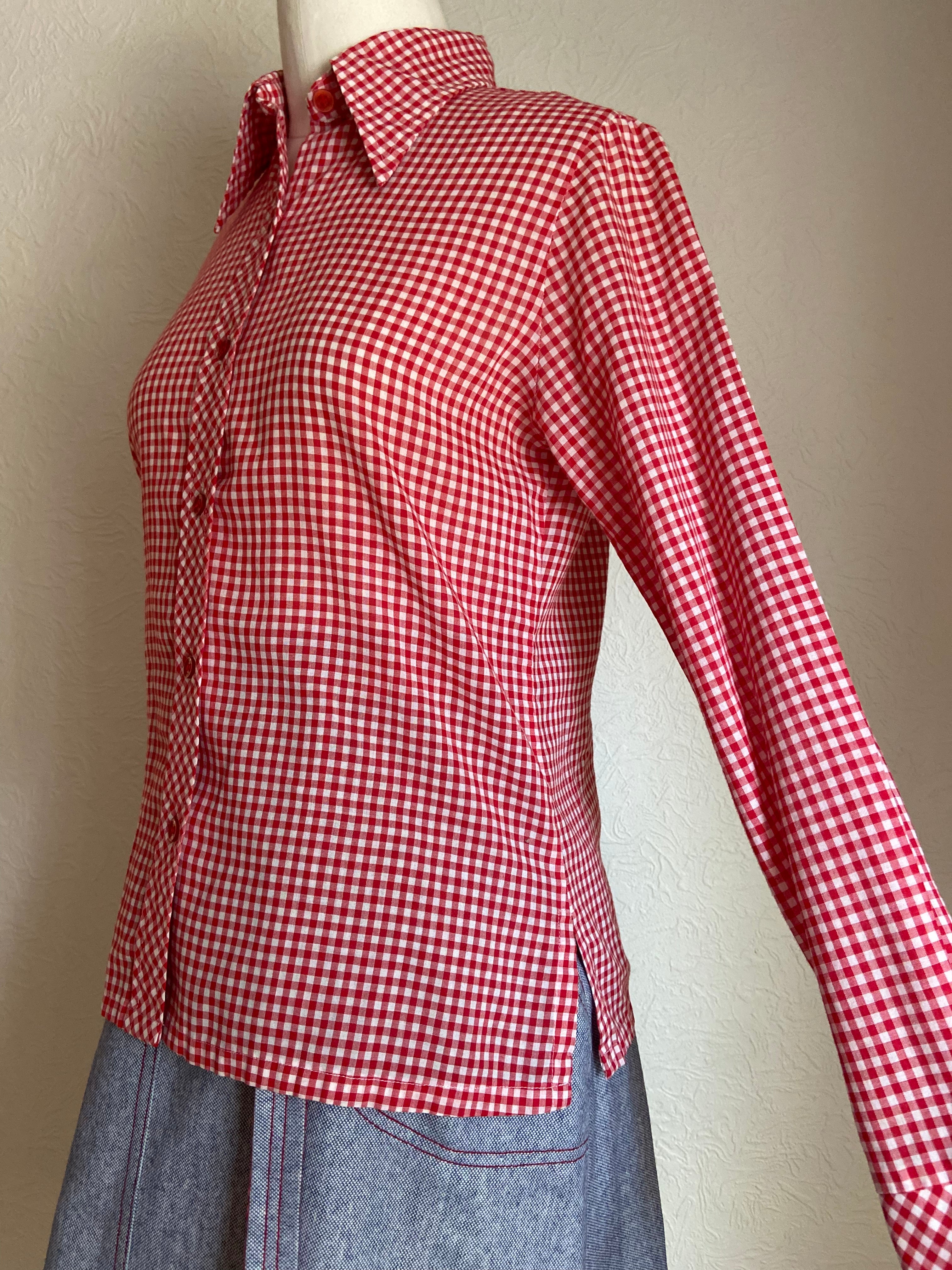 70s Gingham And Chambray Shirt And A-line Skirt Set By Joyce - Image 6