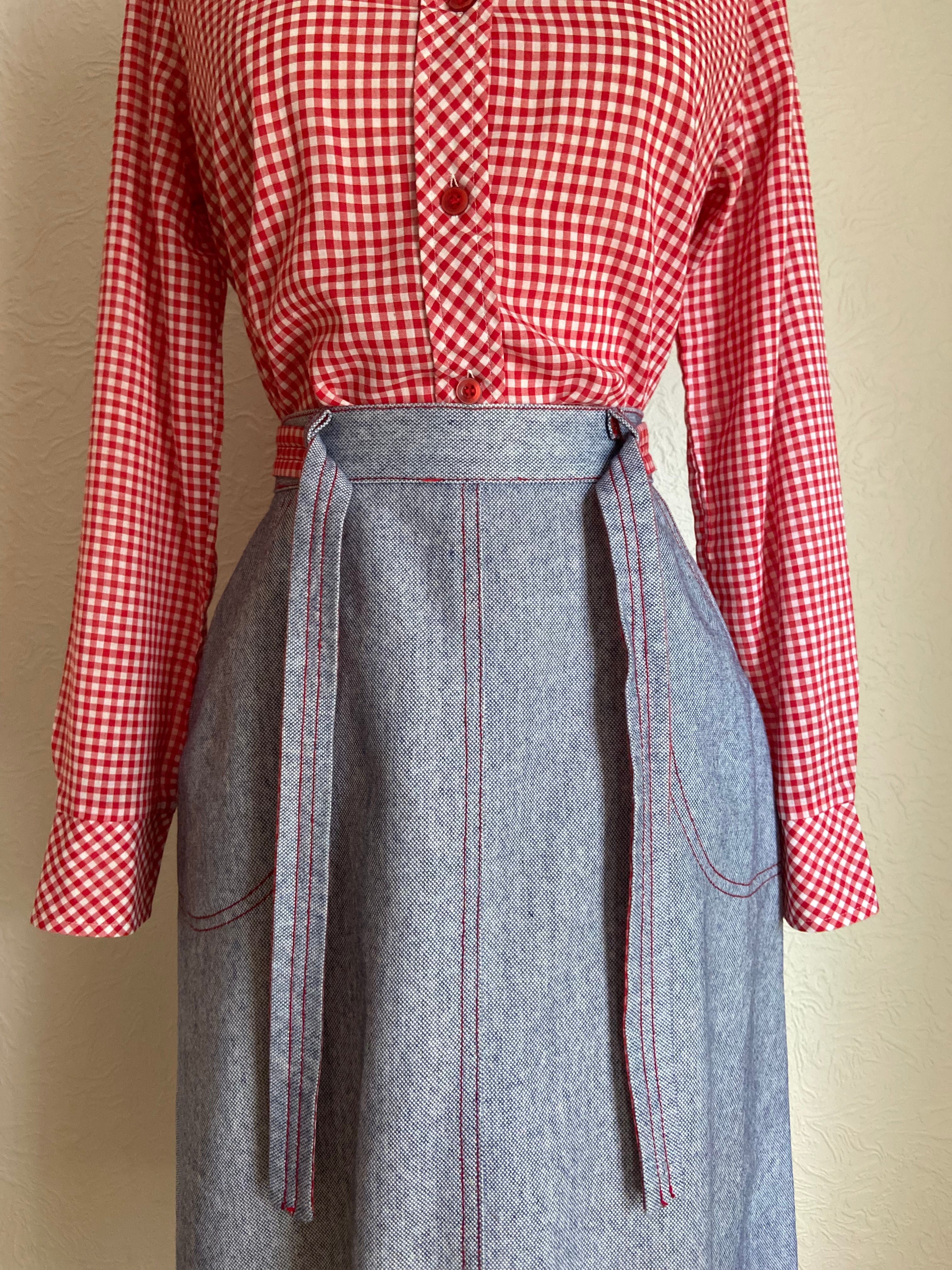 70s Gingham And Chambray Shirt And A-line Skirt Set By Joyce - Image 7
