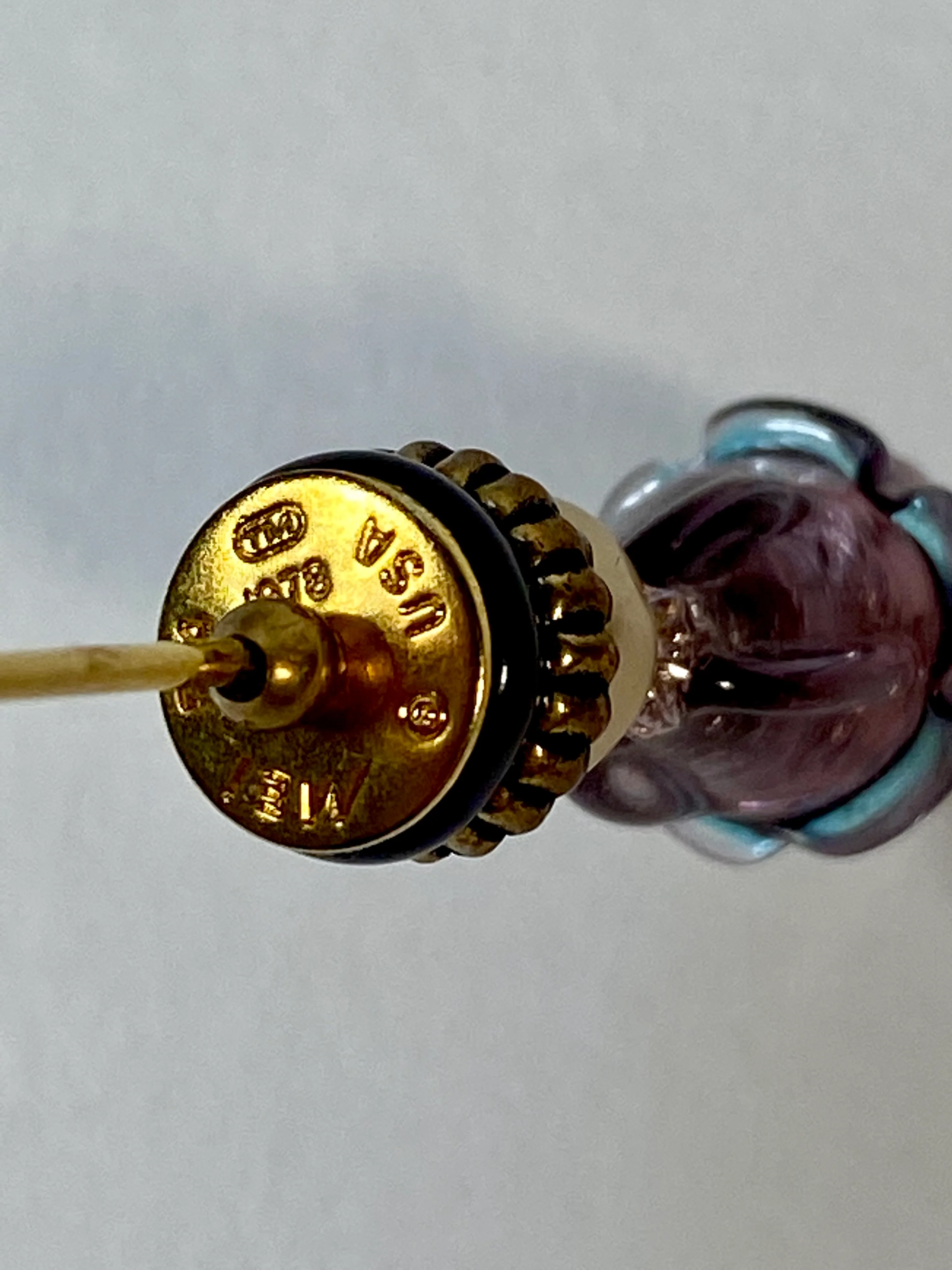 70s Gold Color Metal Purple Venetian Glass Stick Pin By Mei Fa - Image 11