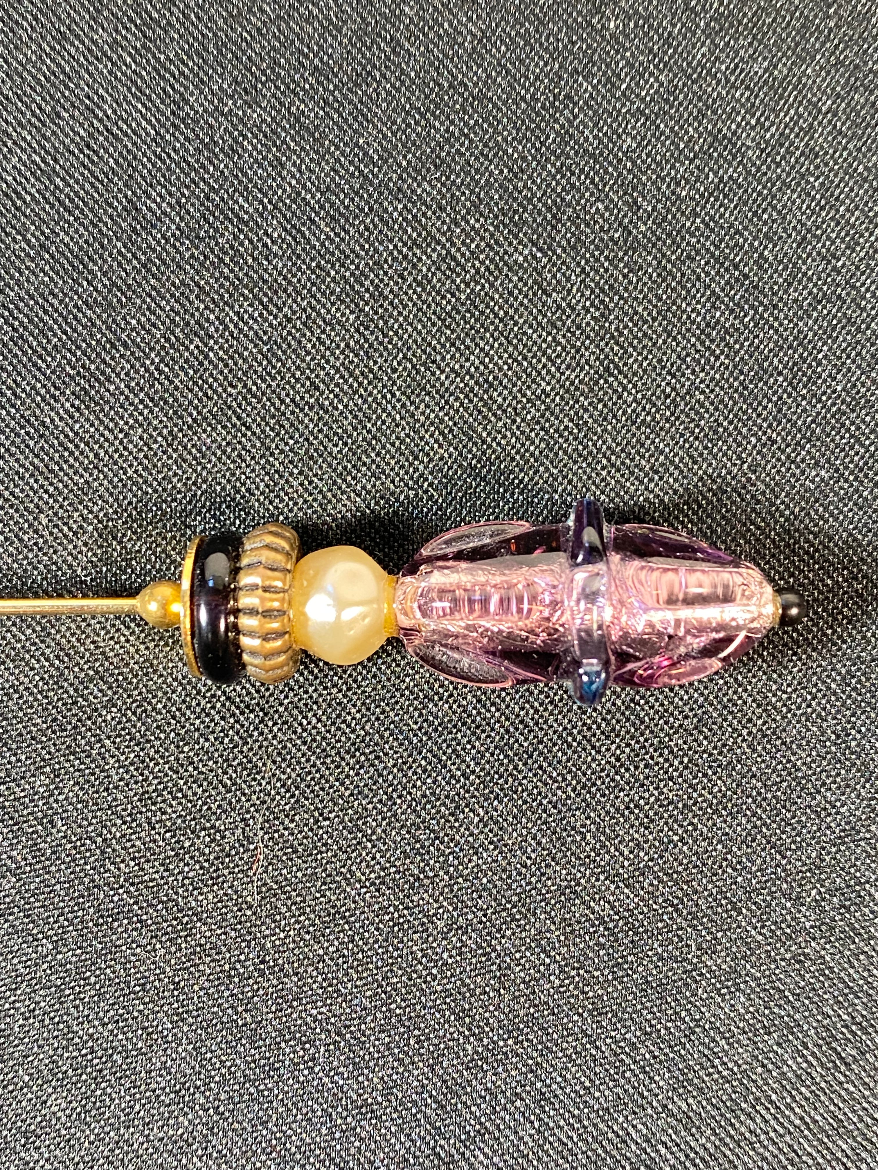 70s Gold Color Metal Purple Venetian Glass Stick Pin By Mei Fa - Image 6