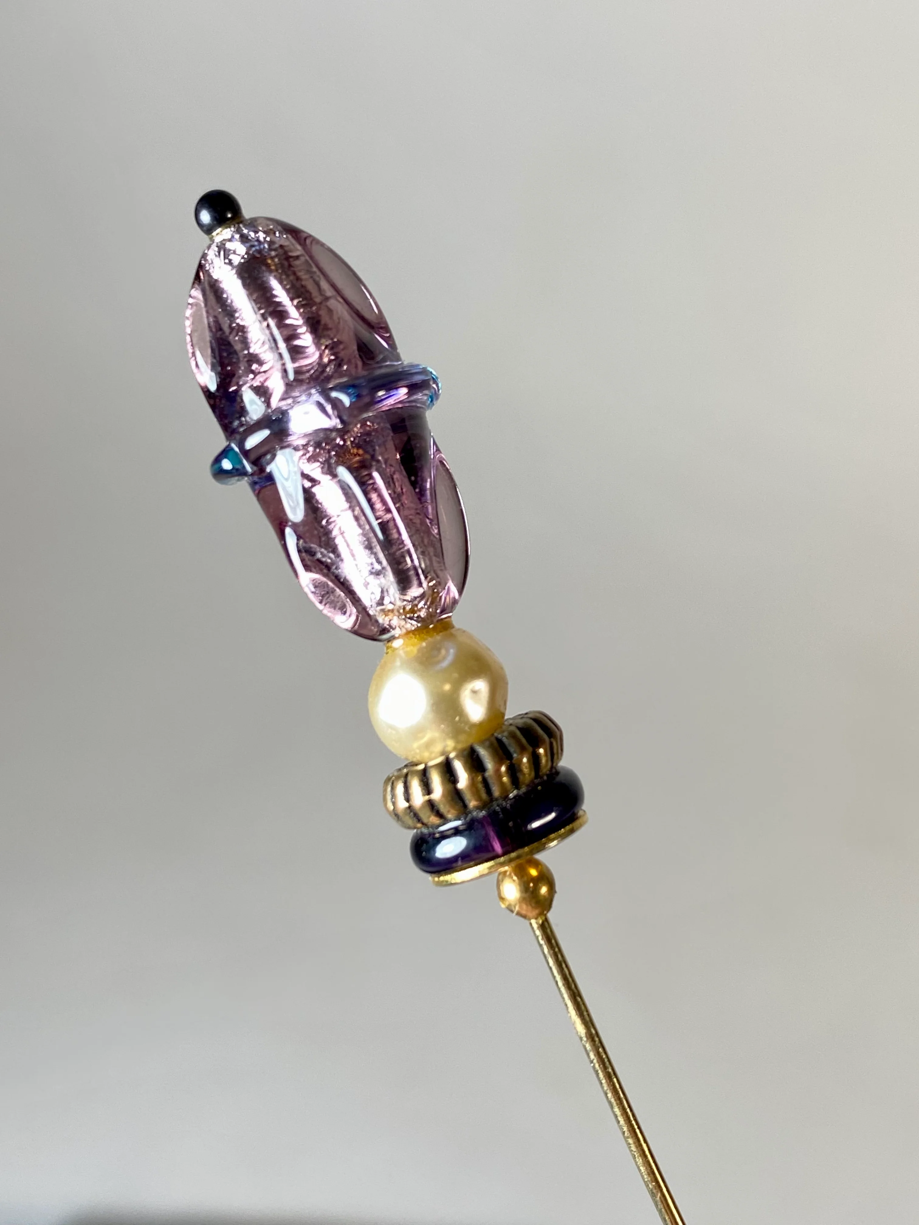 70s Gold Color Metal Purple Venetian Glass Stick Pin By Mei Fa - Image 8