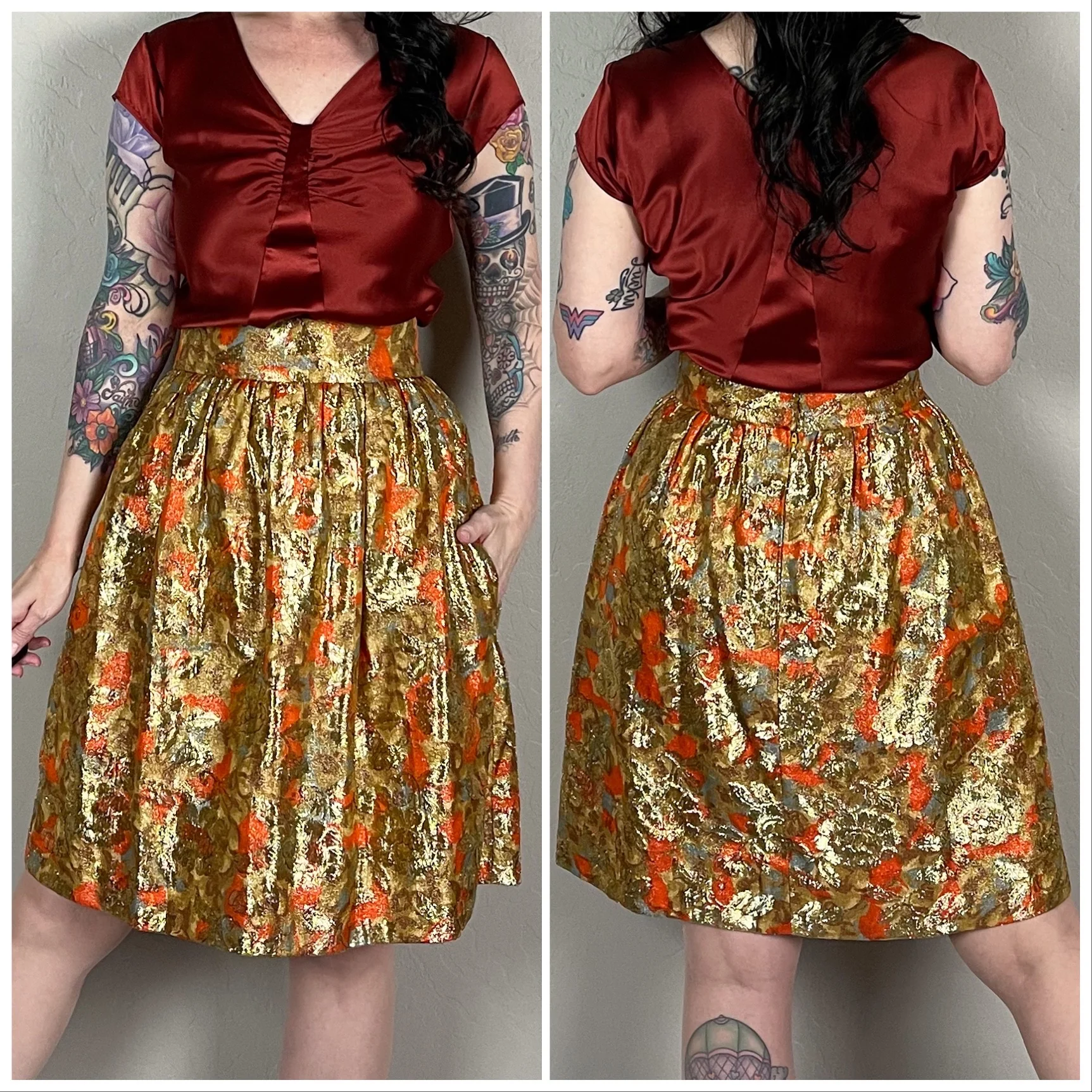 70s Gold Lame Floral High Waisted Mini Skirt - Image 4