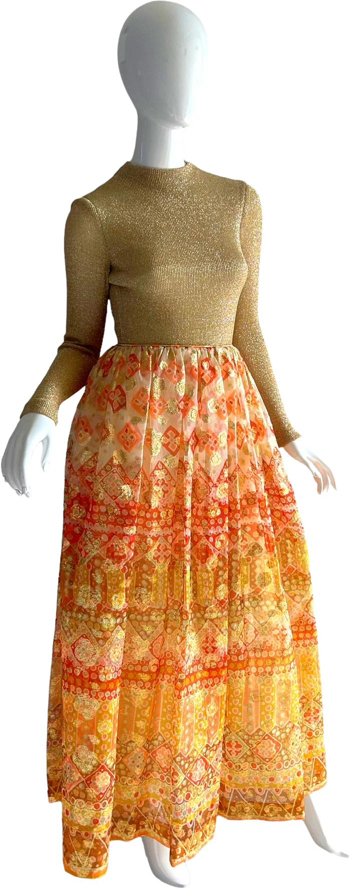 70s Gold Lame Metallic Chiffon Evening Gown By Bergdorf Goodman - Image 2