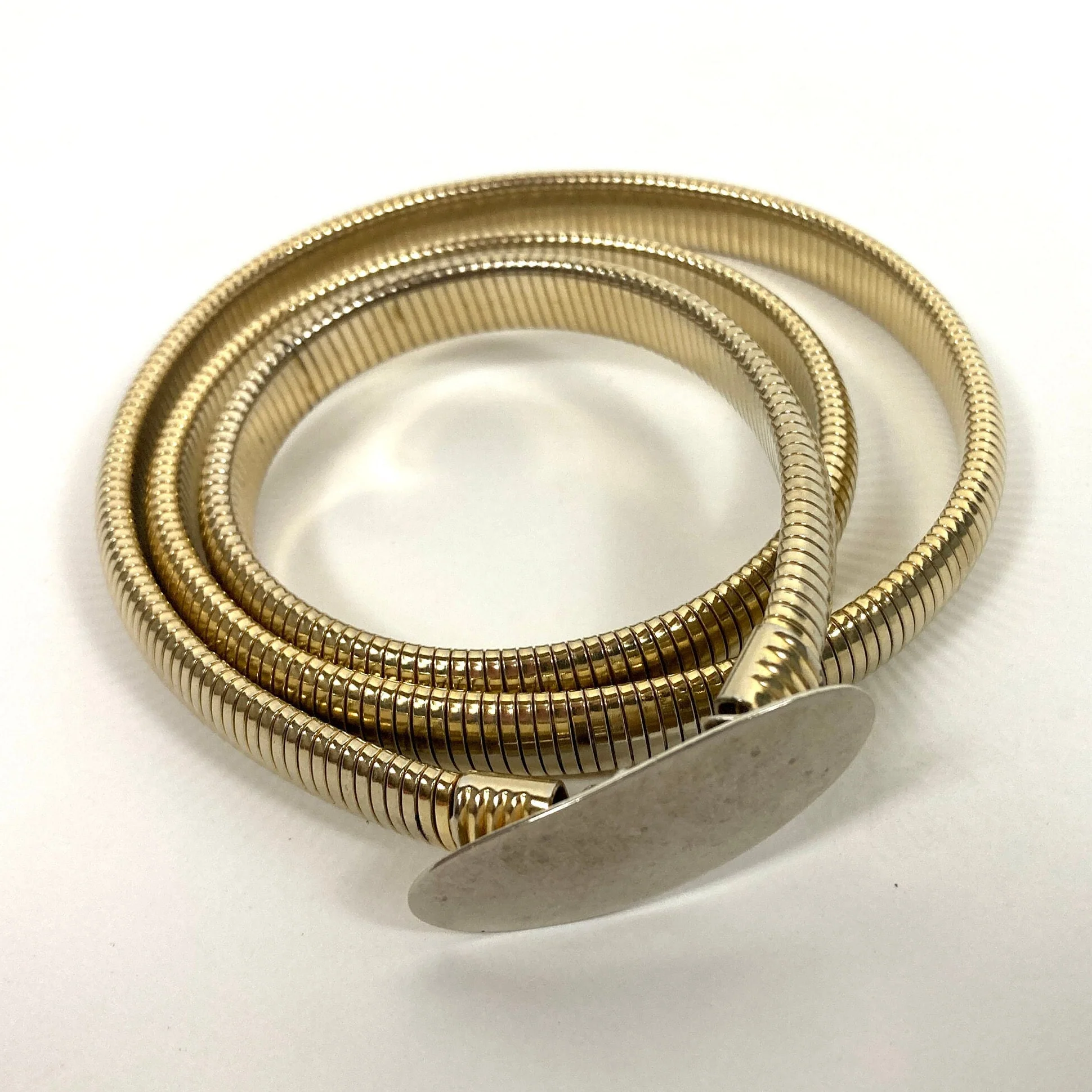 70s Gold Tone Metal Stretch Belt Stretchy Buckle Shiny Metallic Serpentine Skinny Retro Slim Cinch Disco Serpent Coil Vintage Dress Belt - Image 3