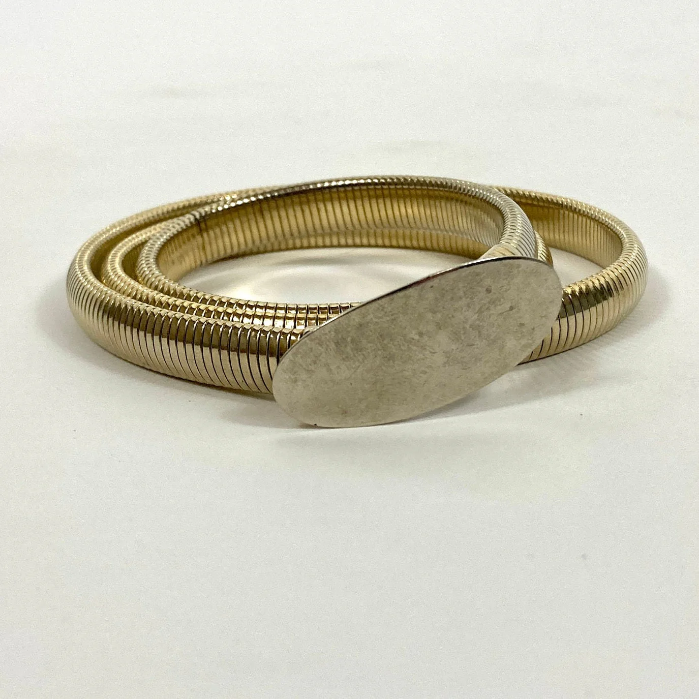 70s Gold Tone Metal Stretch Belt Stretchy Buckle Shiny Metallic Serpentine Skinny Retro Slim Cinch Disco Serpent Coil Vintage Dress Belt - Image 4