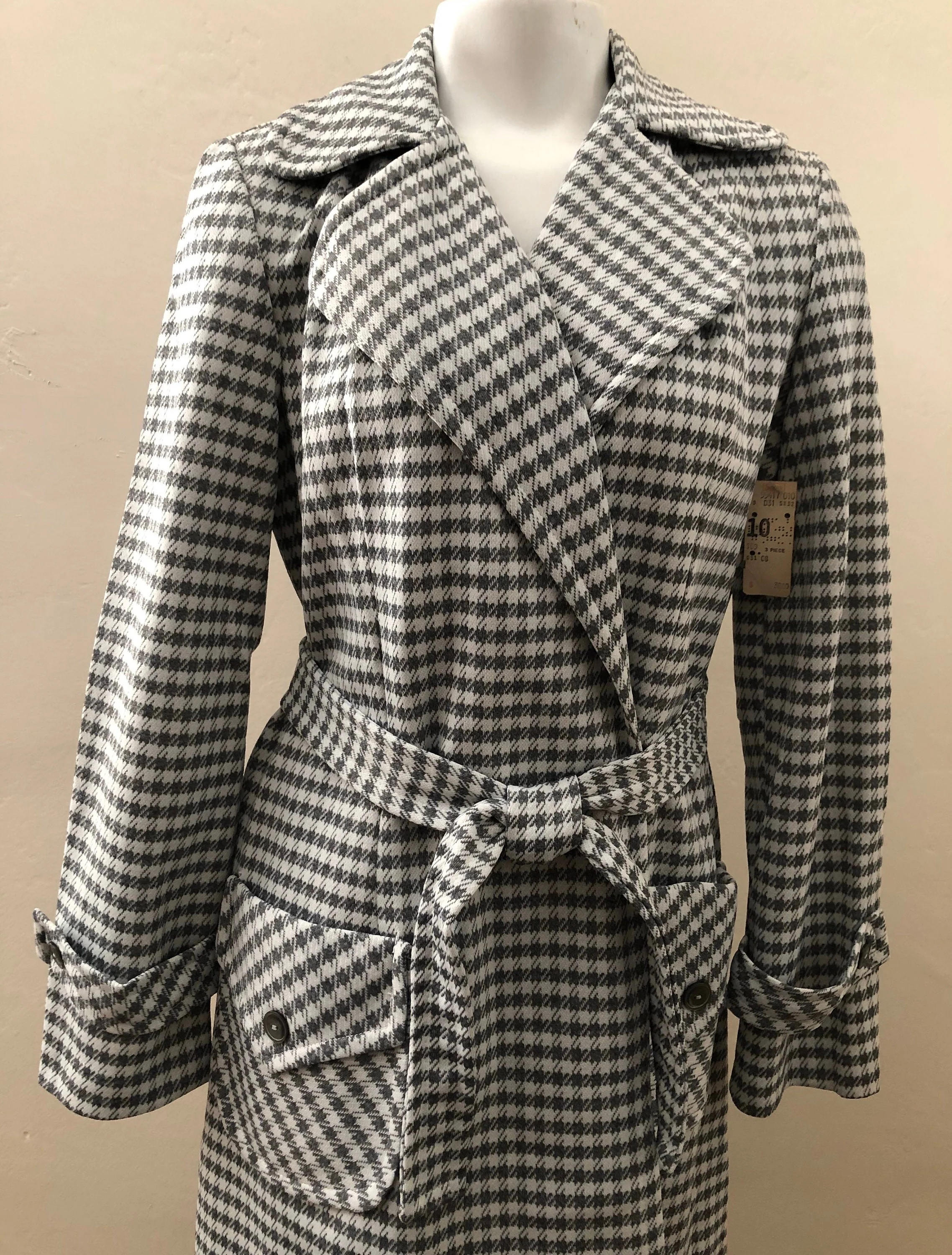 70s Gray And White Houndstooth Trench Coat Pants Belt By Sears - Image 5