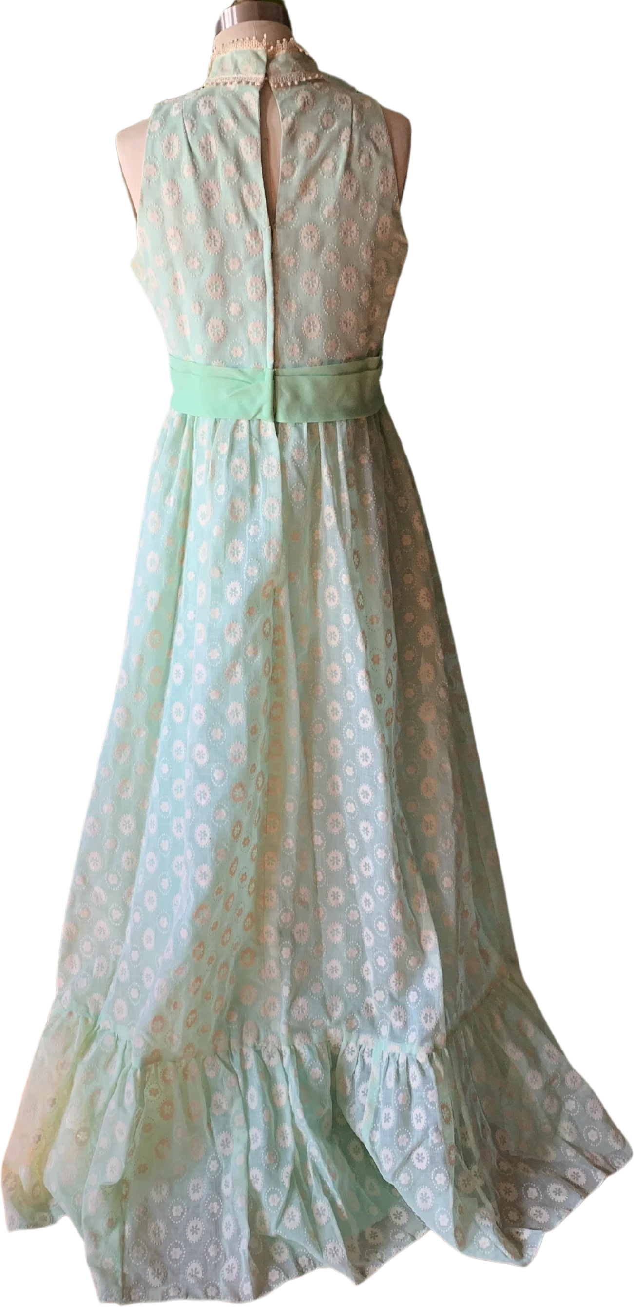 70s Green And Ivory Floral Flocked Organza Maxi Dress - Image 2