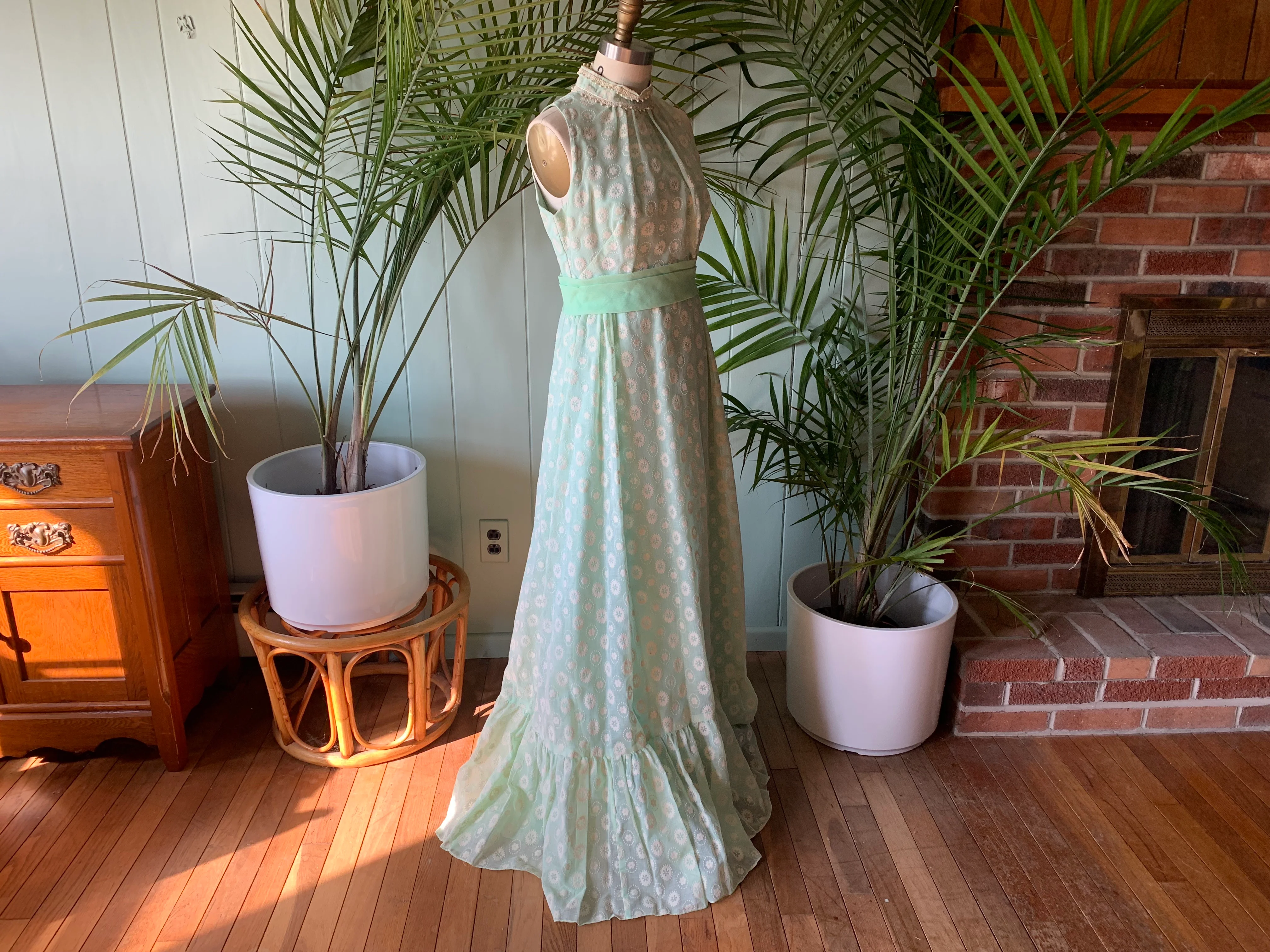 70s Green And Ivory Floral Flocked Organza Maxi Dress - Image 9
