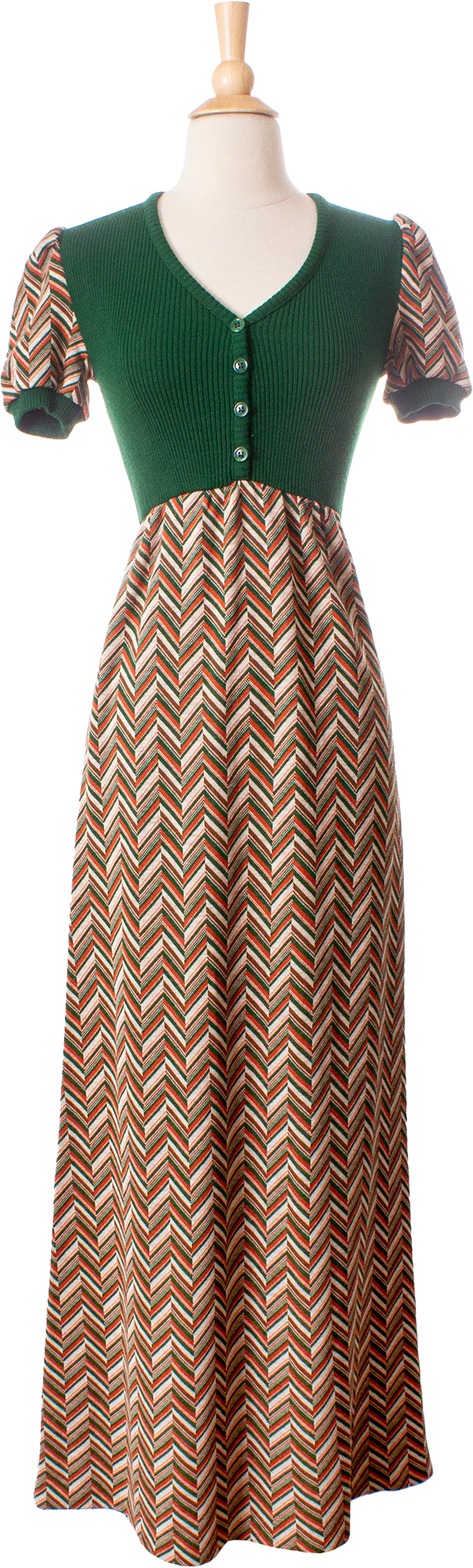 70s Green And Orange Chevron Knit Maxi Dress By Hubba Hubba