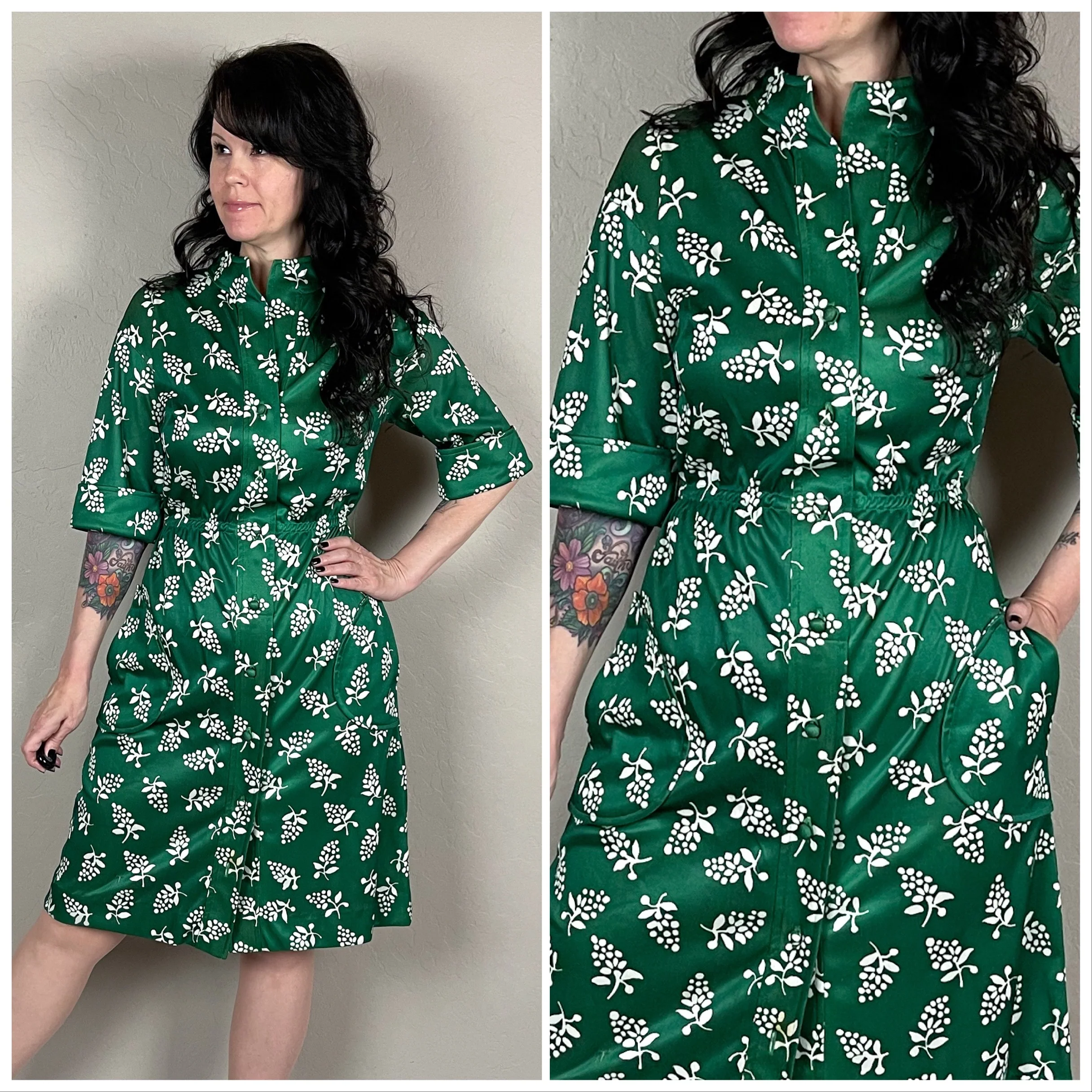 70s Green And White Floral A-line Mini Shirt Dress By Yves Jennet - Image 2