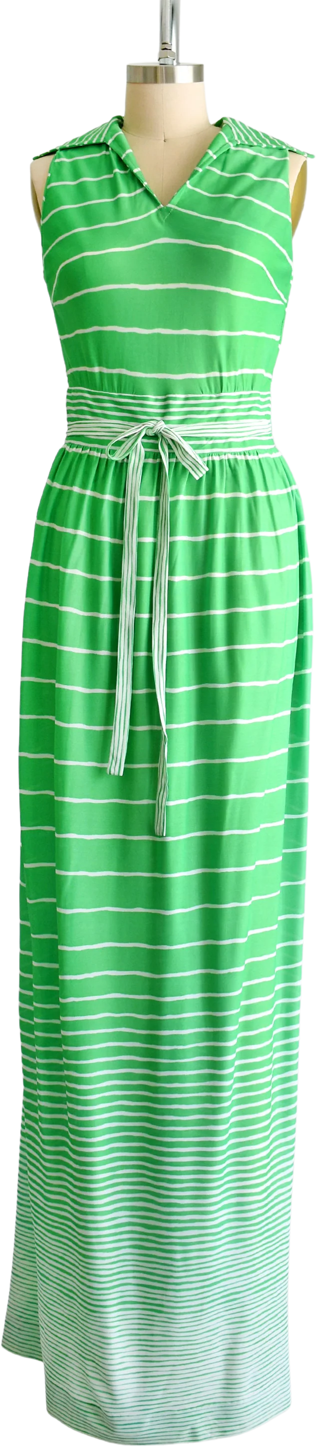 70s Green and White Maxi Dress Vintage 70s Dress, Sleeveless Striped 60s Mod Maxi Dress, Small Medium by R & K Originals