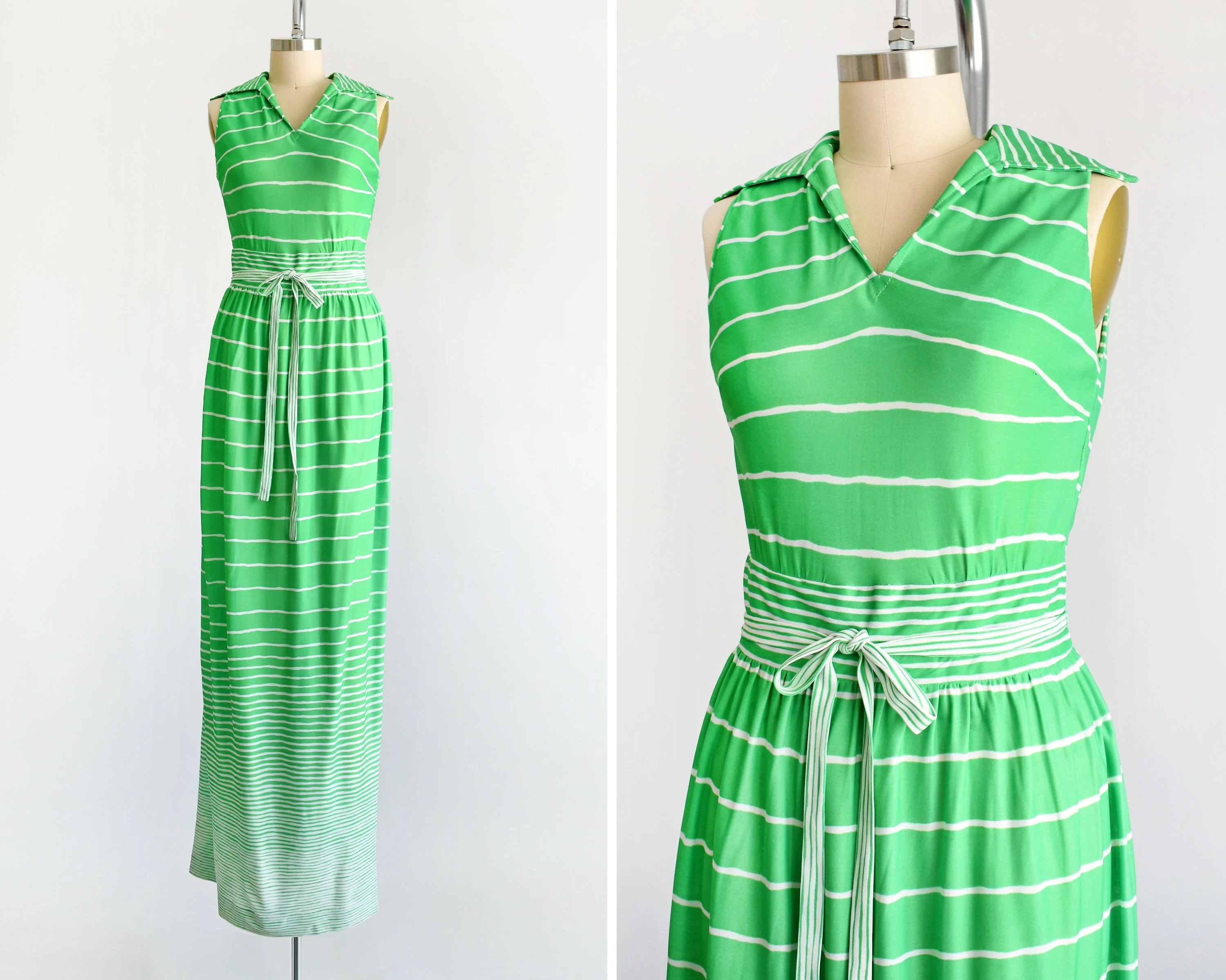 70s Green and White Maxi Dress Vintage 70s Dress, Sleeveless Striped 60s Mod Maxi Dress, Small Medium by R & K Originals - Image 2